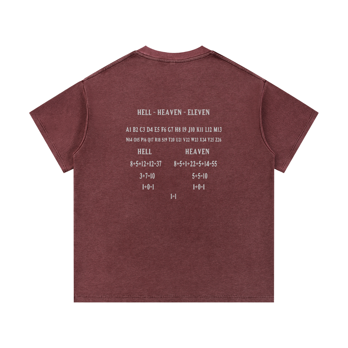 HE1=1EAVEN Alpha Numeric Reduction Embroidered Mineral Wash Waffle Knit T-Shirt