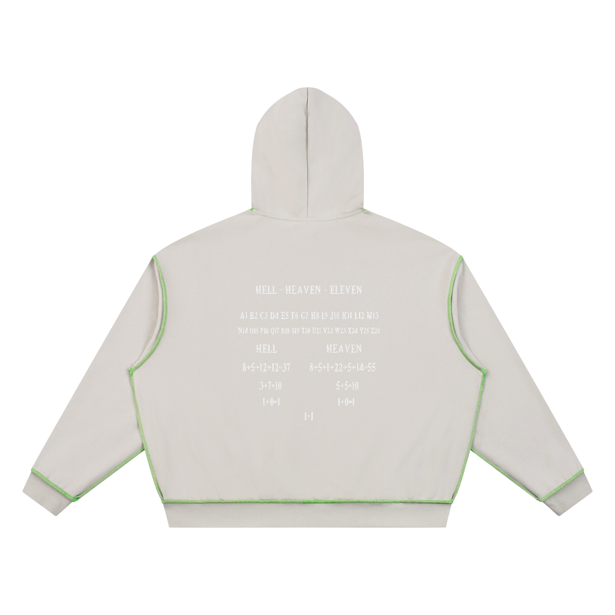 HE1=1EAVEN Alpha Numeric Reduction Embroidered Unisex Boxy Heavyweight Topstitch Hoodie