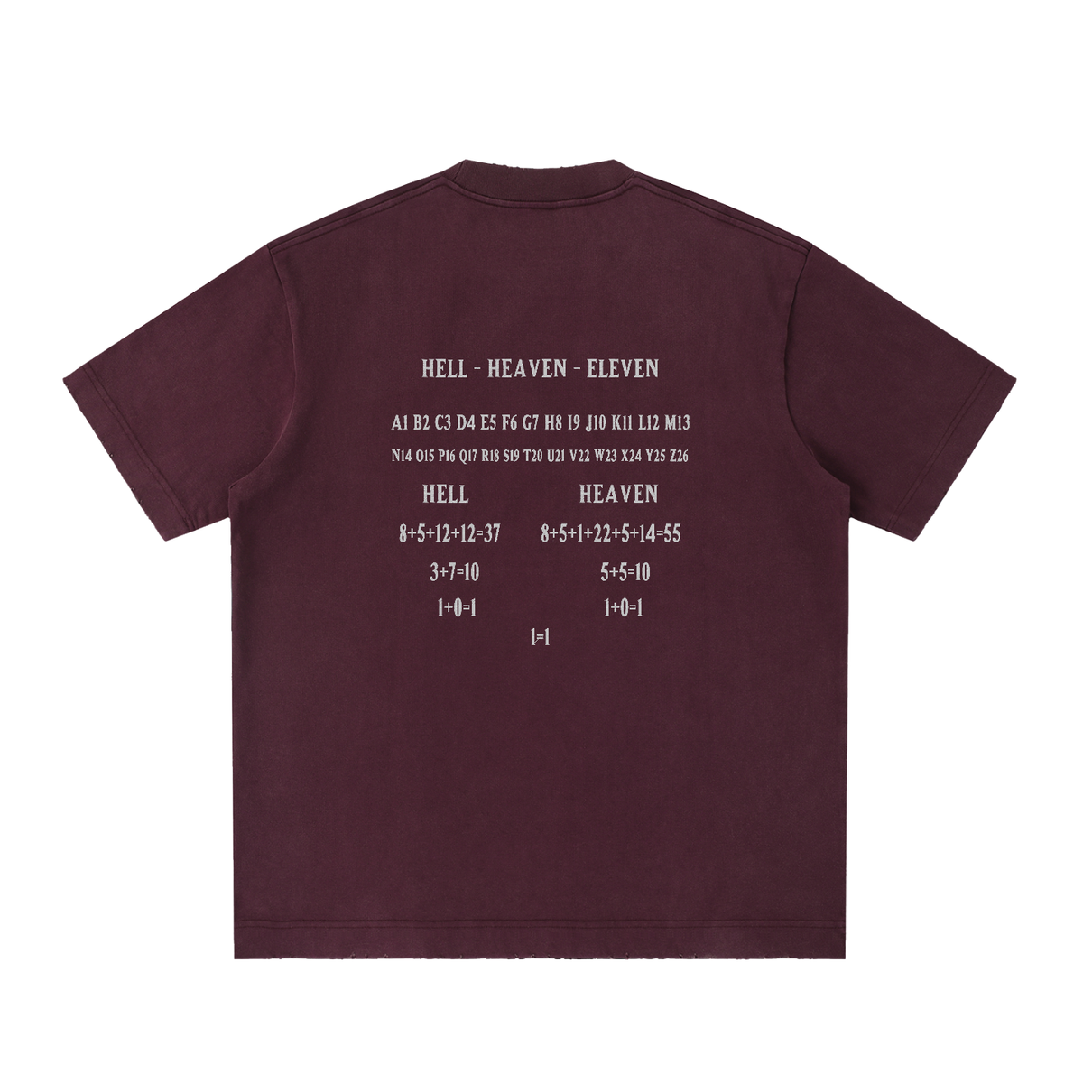 HE1=1EAVEN Alpha Numeric Reduction Embroidered Heavyweight Vintage Washed Frayed T-Shirt