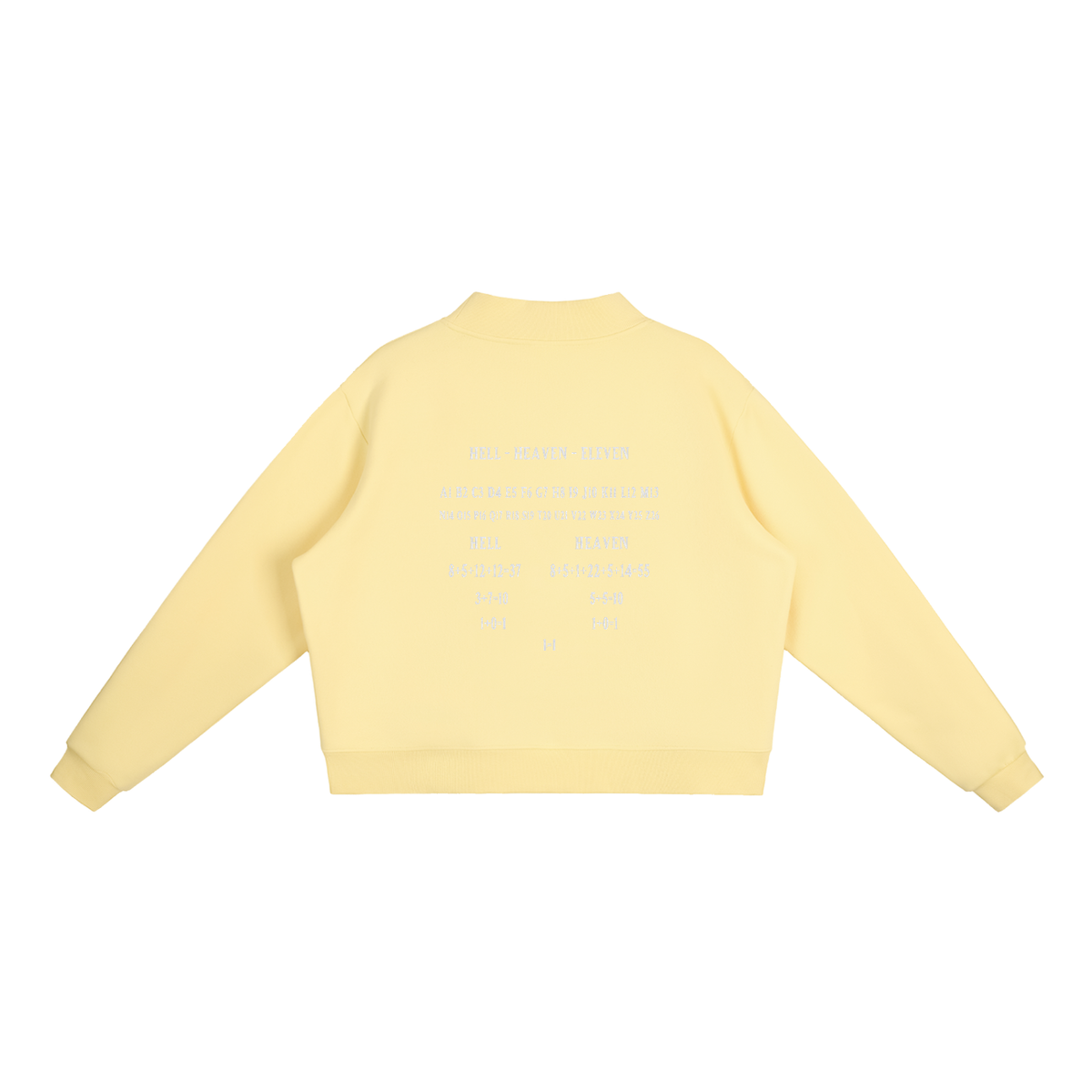 Women's HE1=1EAVEN Alpha Numeric Reduction Embroidered Essential Fleece Mock-Neck Crew Sweatshirt