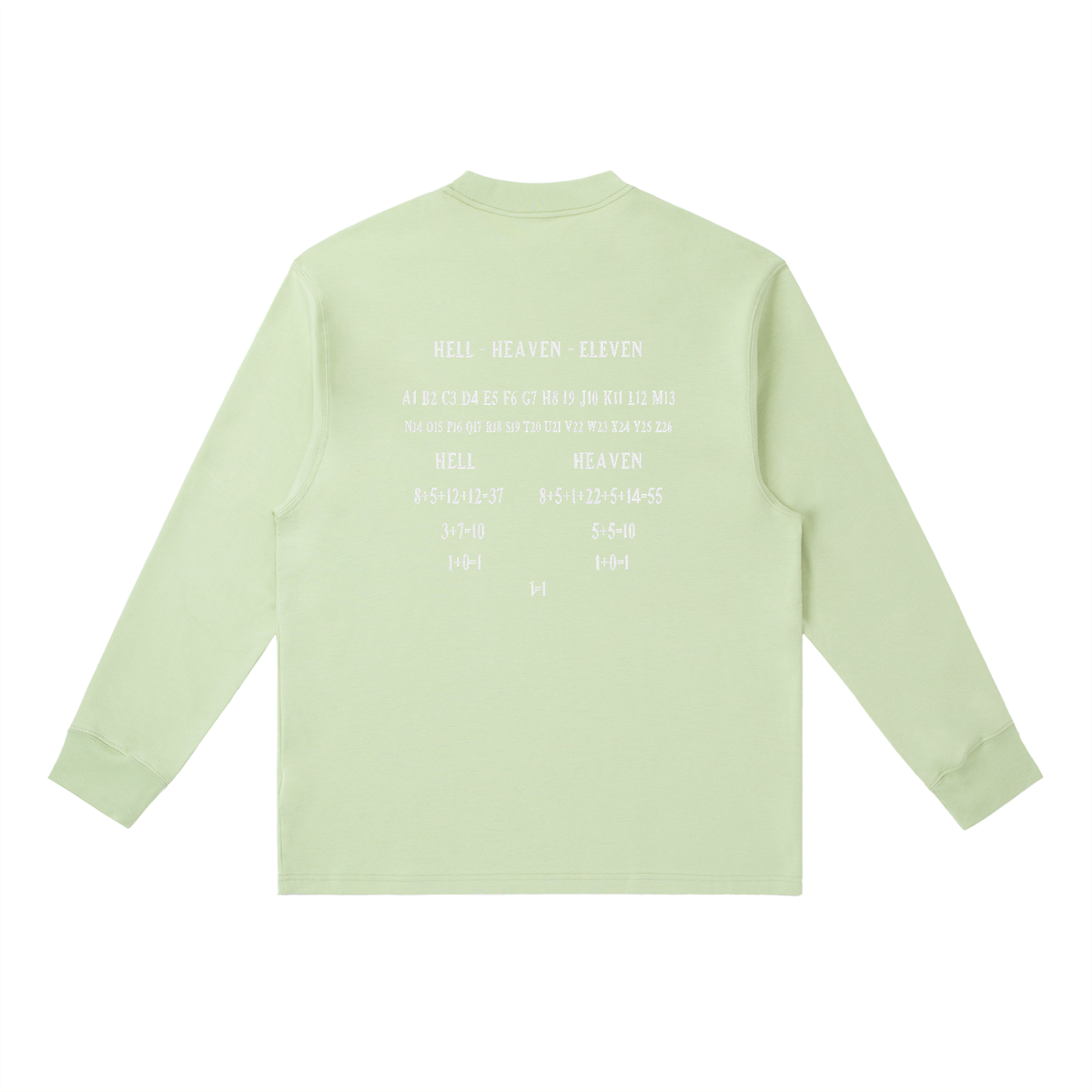 HE1=1EAVEN Alpha Numeric Reduction Embroidered Essential Crewneck Long-Sleeve T-Shirt