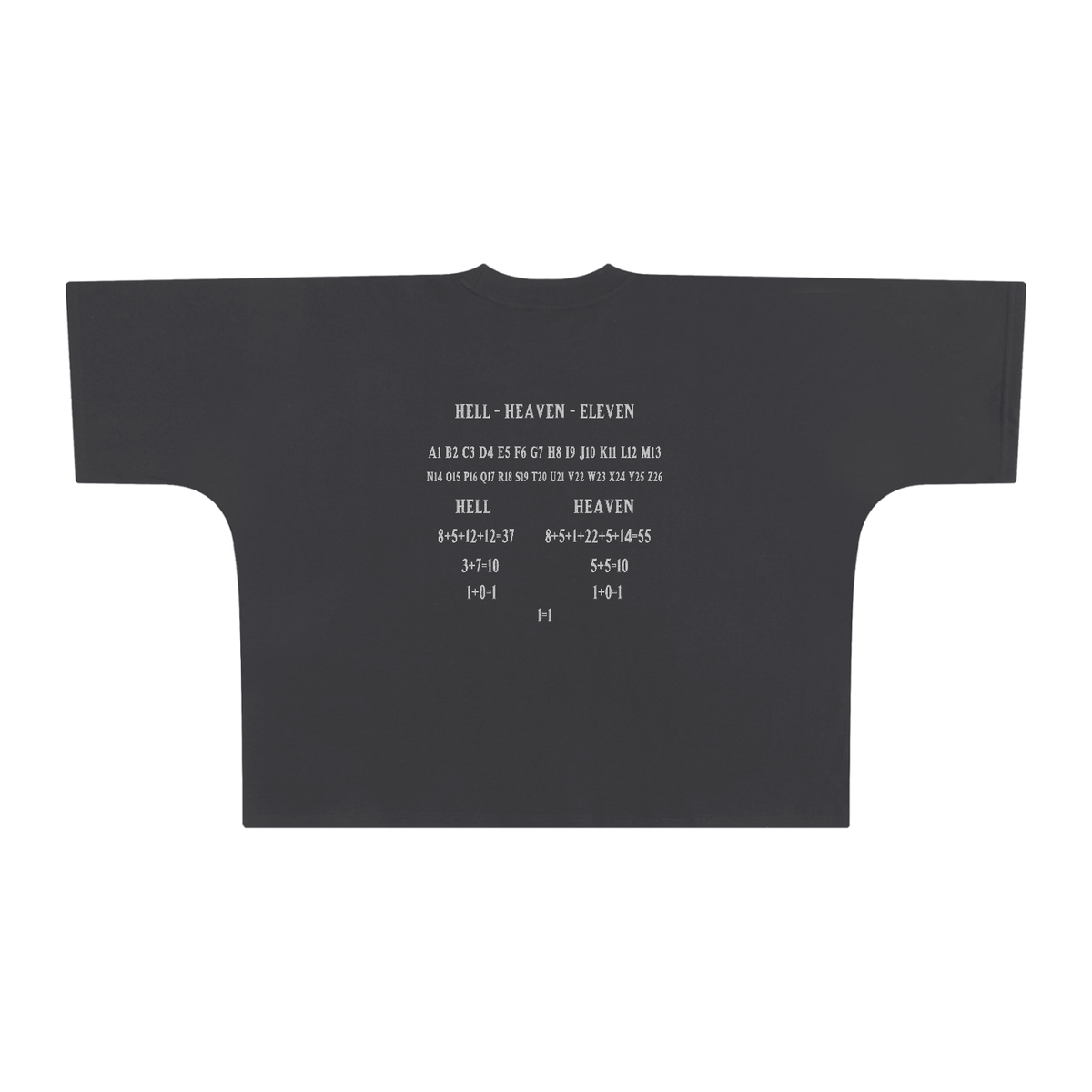HE1=1EAVEN Alpha Numerics Reduction Embroidered Oversized One-Piece Boxy T-Shirt