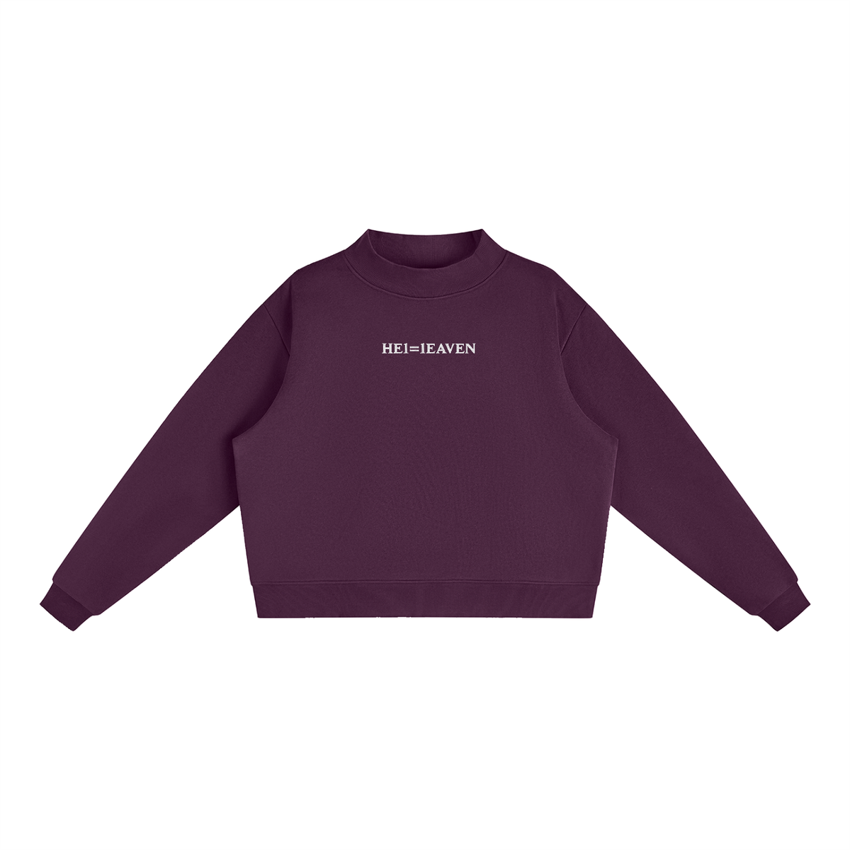 Women's HE1=1EAVEN Alpha Numeric Reduction Embroidered Essential Fleece Mock-Neck Crew Sweatshirt
