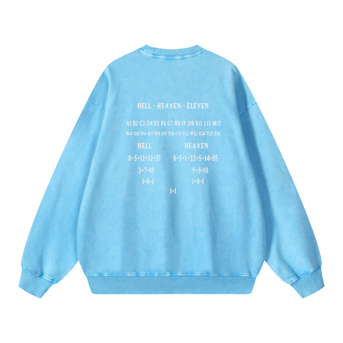 HE1=1EAVEN Alpha Numeric Reduction Embroidered Snow Washed Oversized Sweatshirt