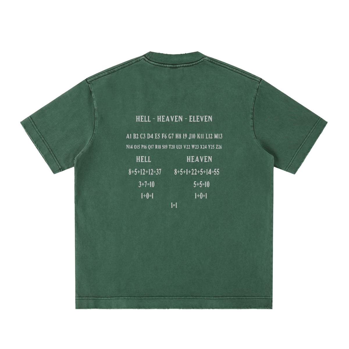 HE1=1EAVEN Alpha Numeric Reduction Embroidered Heavyweight Vintage Washed Frayed T-Shirt