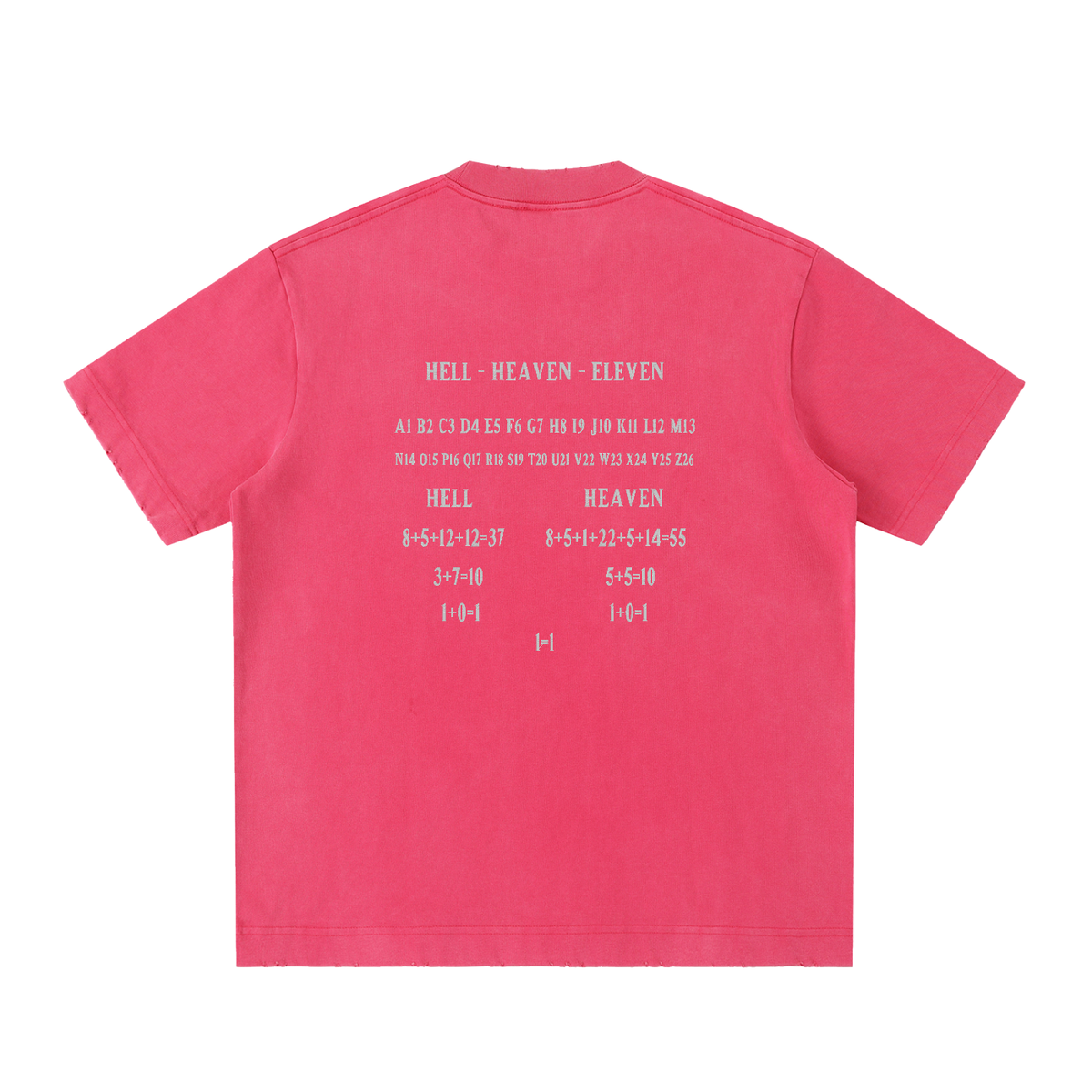 HE1=1EAVEN Alpha Numeric Reduction Embroidered Heavyweight Vintage Washed Frayed T-Shirt