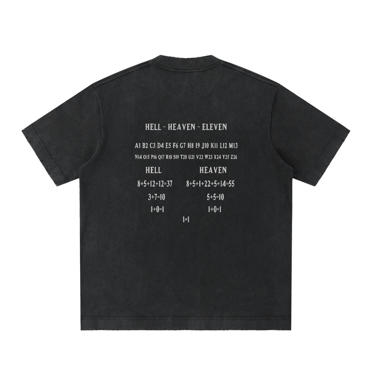 HE1=1EAVEN Alpha Numeric Reduction Embroidered Heavyweight Vintage Washed Frayed T-Shirt