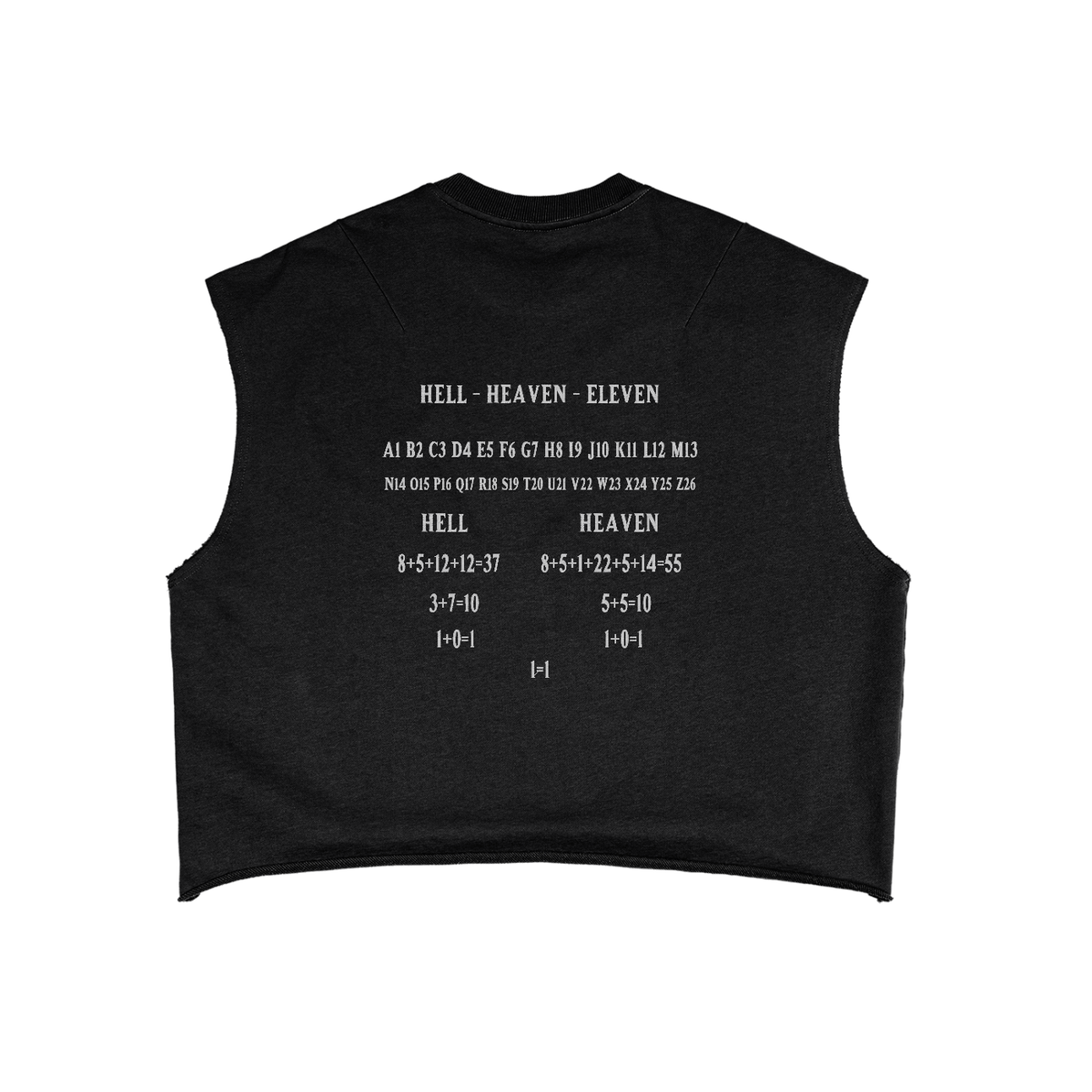 HE1=1EAVEN Alpha Numeric Reduction Embroidered French Terry Boxy Tank Top