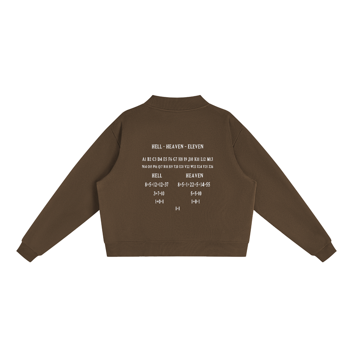 Women's HE1=1EAVEN Alpha Numeric Reduction Embroidered Essential Fleece Mock-Neck Crew Sweatshirt
