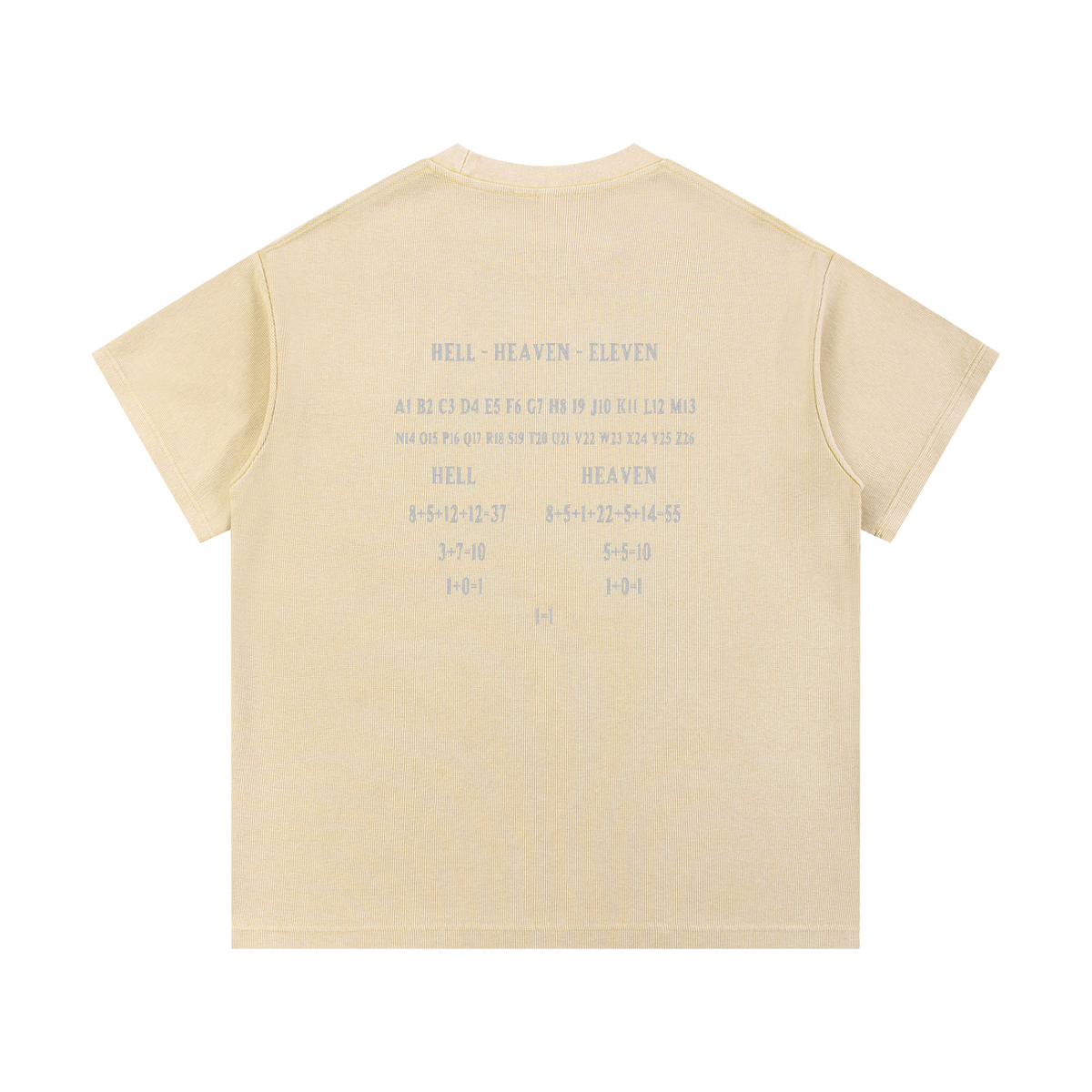 HE1=1EAVEN Alpha Numeric Reduction Embroidered Mineral Wash Waffle Knit T-Shirt