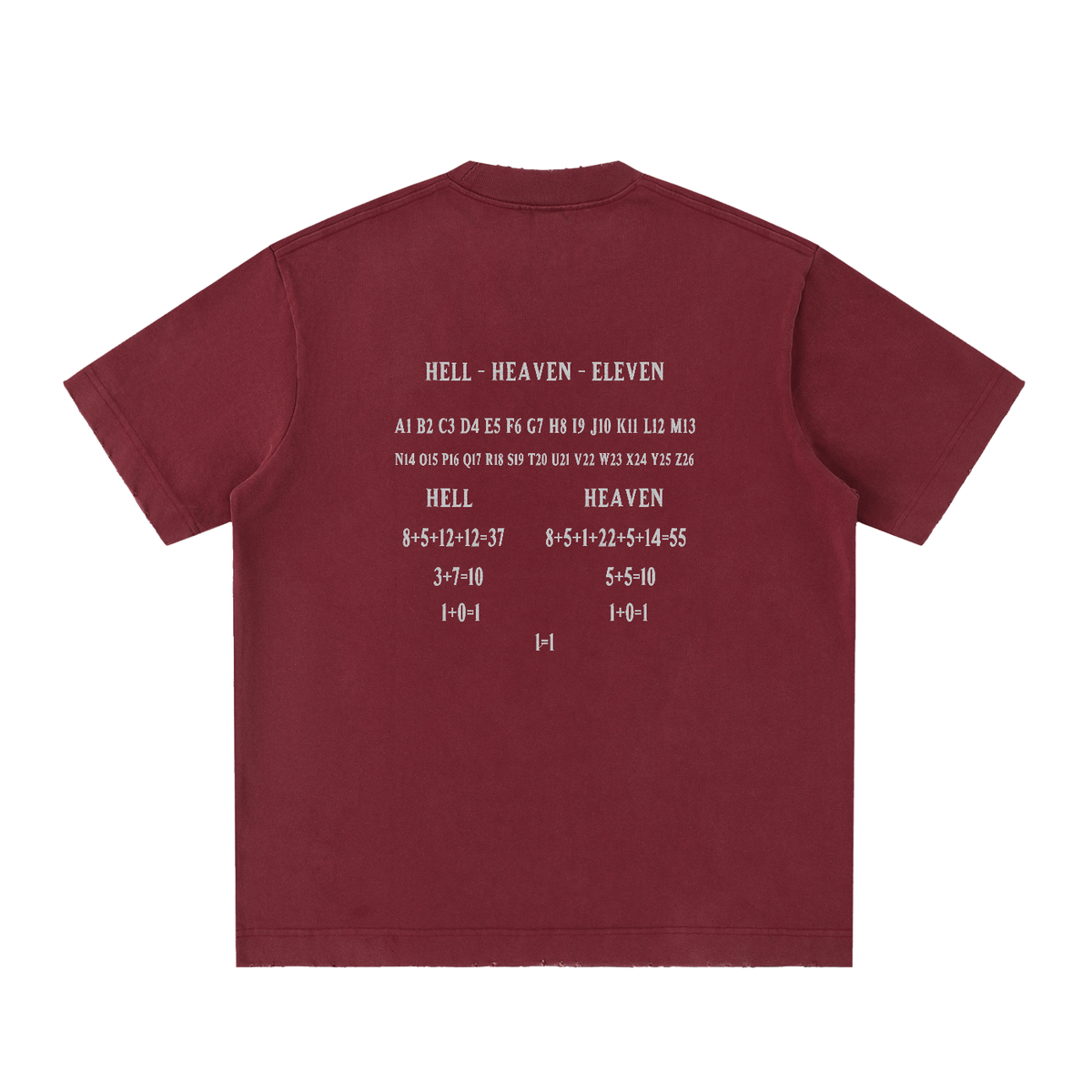 HE1=1EAVEN Alpha Numeric Reduction Embroidered Heavyweight Vintage Washed Frayed T-Shirt