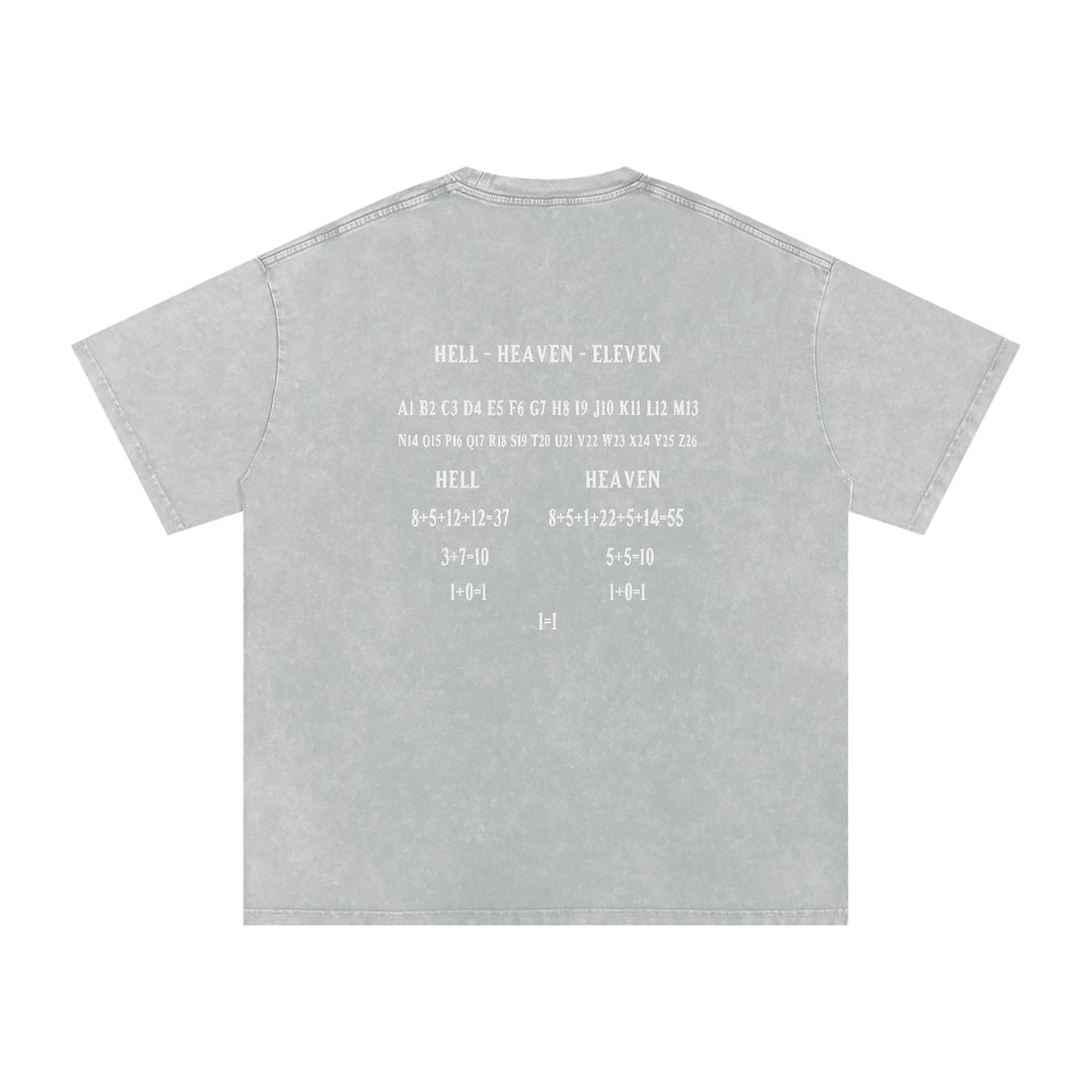 HE1=1EAVEN Alpha Numeric Reduction Embroidered Snow Washed Oversized Cotton T-Shirt