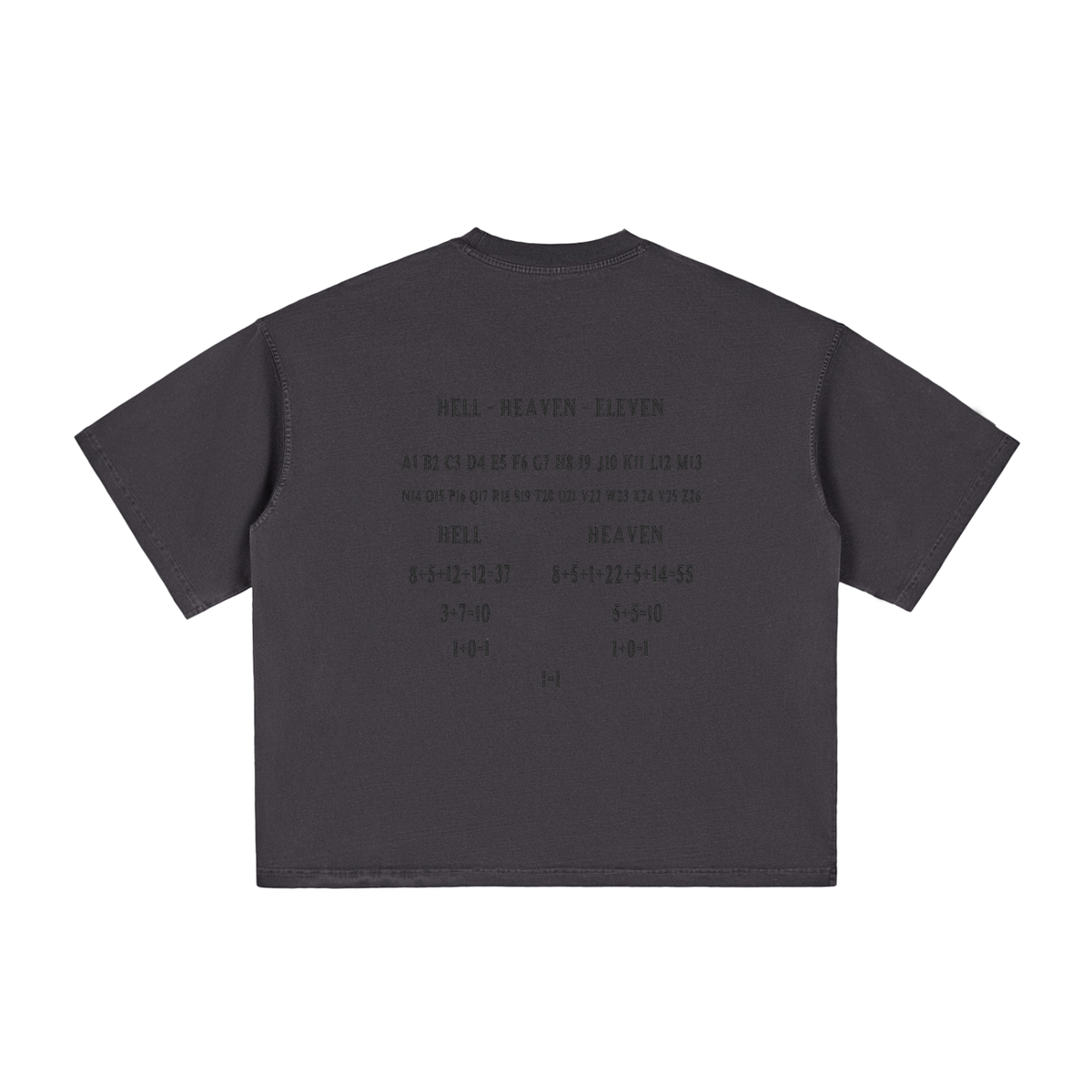 HE1=1EAVEN Alpha Numeric Reduction Embroidered Vintage Washed Boxy T-Shirt