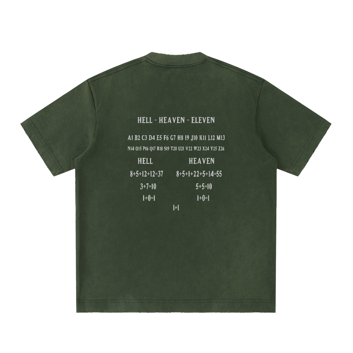 HE1=1EAVEN Alpha Numeric Reduction Embroidered Heavyweight Vintage Washed Frayed T-Shirt