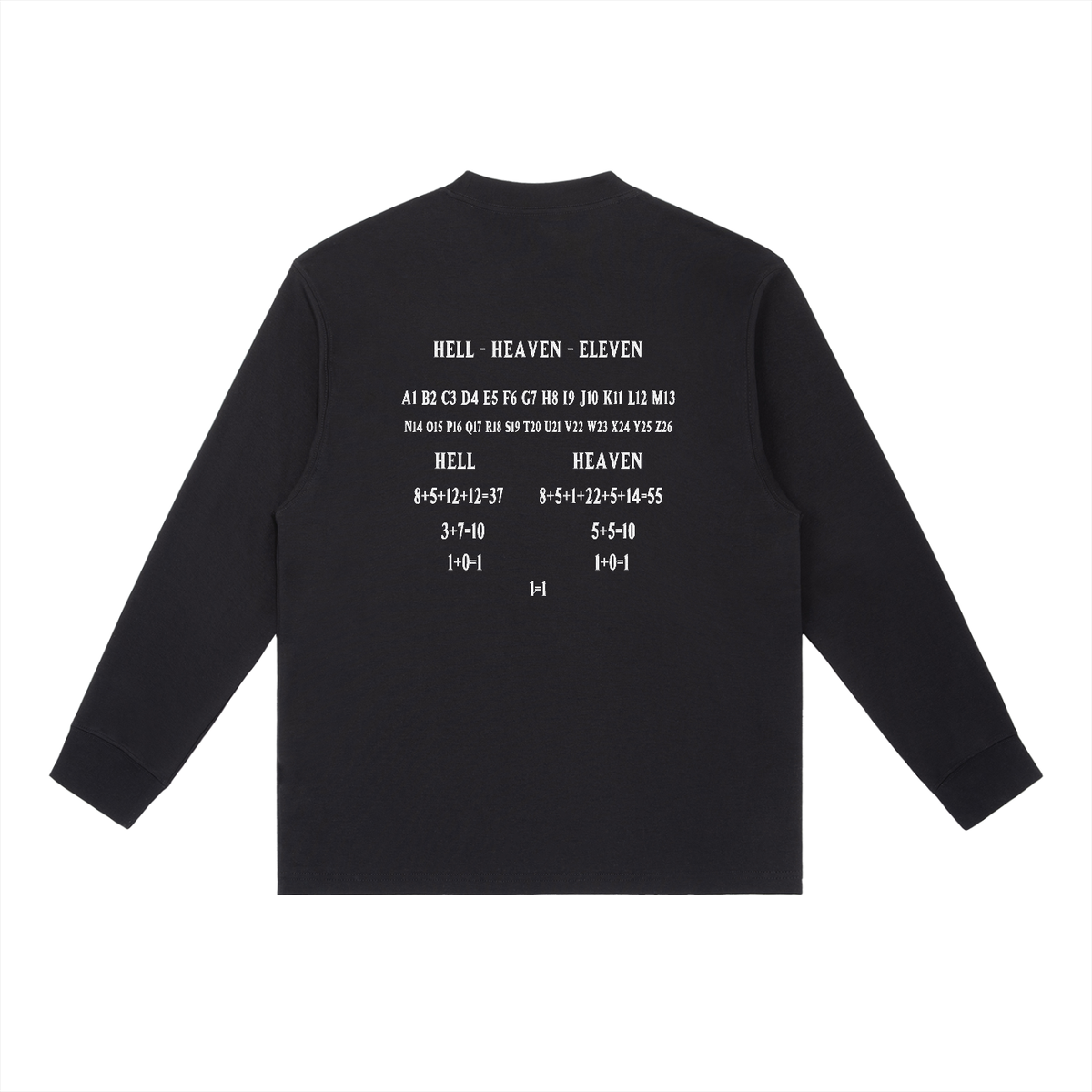 HE1=1EAVEN Alpha Numeric Reduction Embroidered Essential Crewneck Long-Sleeve T-Shirt