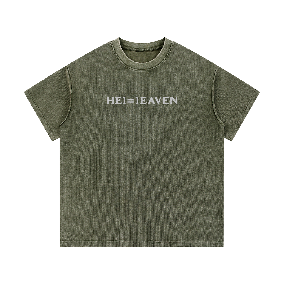 HE1=1EAVEN Alpha Numeric Reduction Embroidered Mineral Wash Waffle Knit T-Shirt