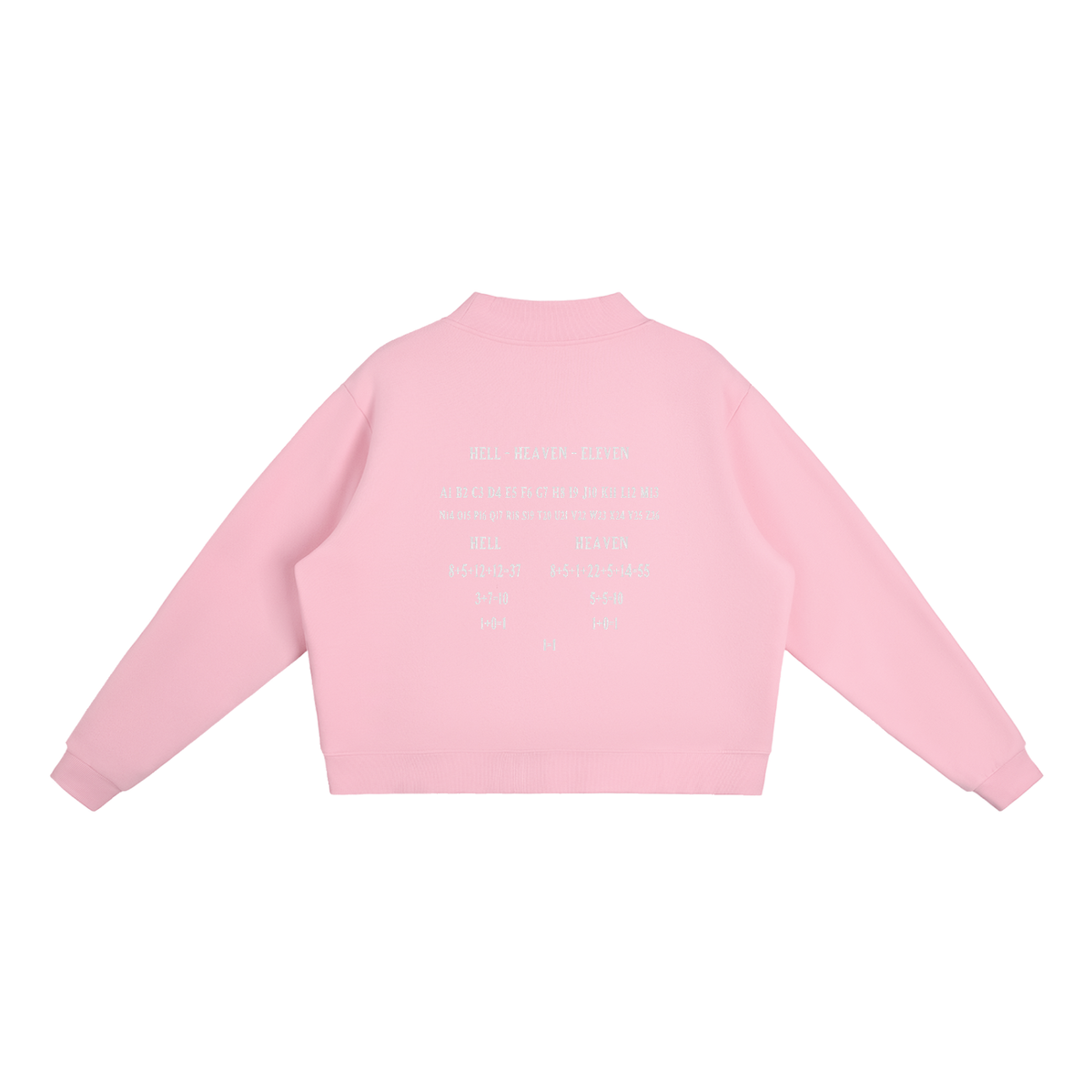 Women's HE1=1EAVEN Alpha Numeric Reduction Embroidered Essential Fleece Mock-Neck Crew Sweatshirt