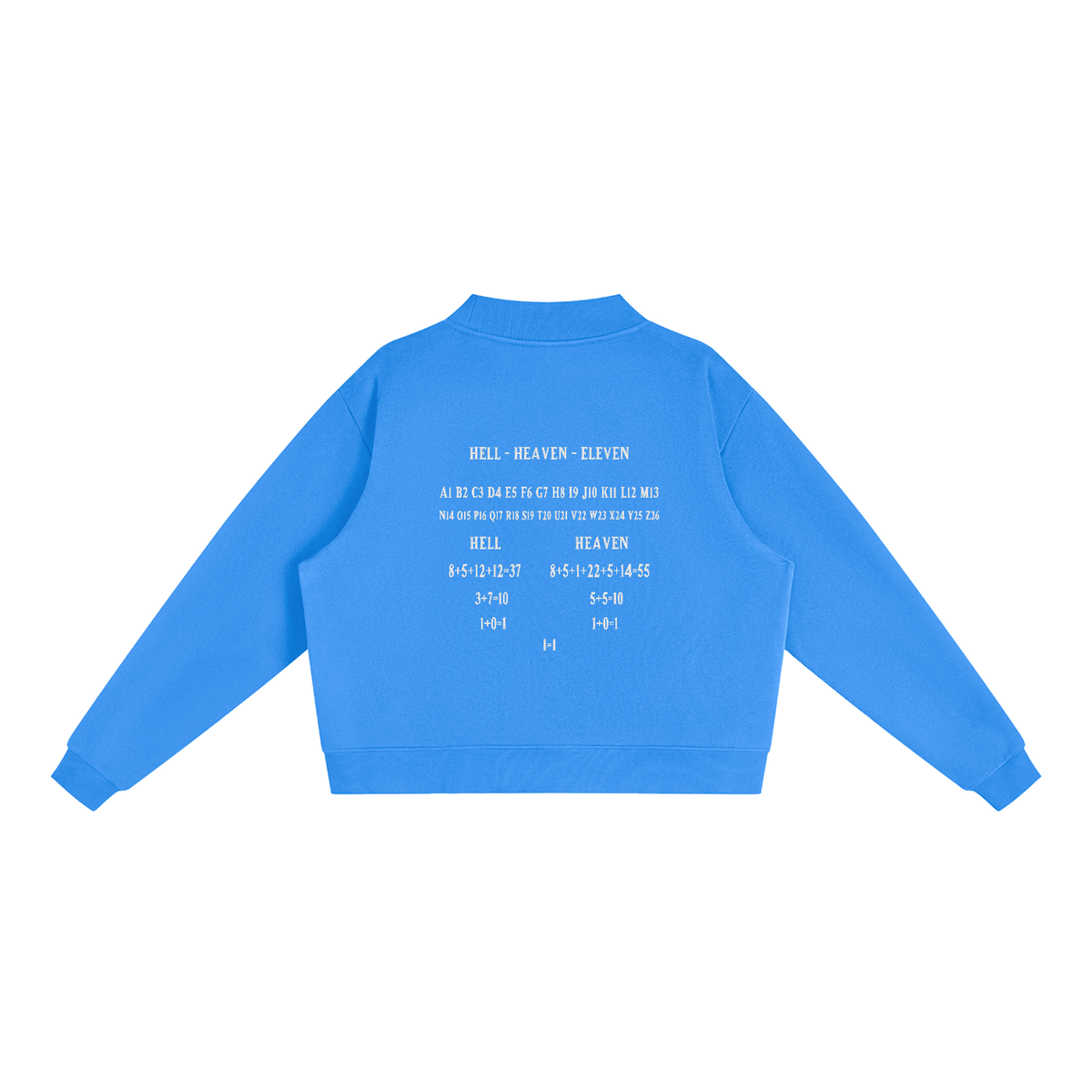 Women's HE1=1EAVEN Alpha Numeric Reduction Embroidered Essential Fleece Mock-Neck Crew Sweatshirt