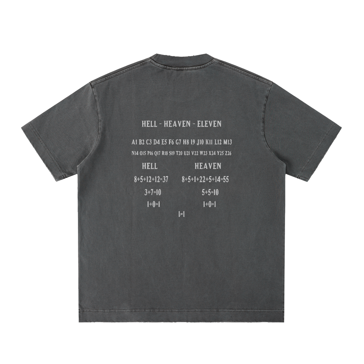 HE1=1EAVEN Alpha Numeric Reduction Embroidered Heavyweight Vintage Washed Frayed T-Shirt