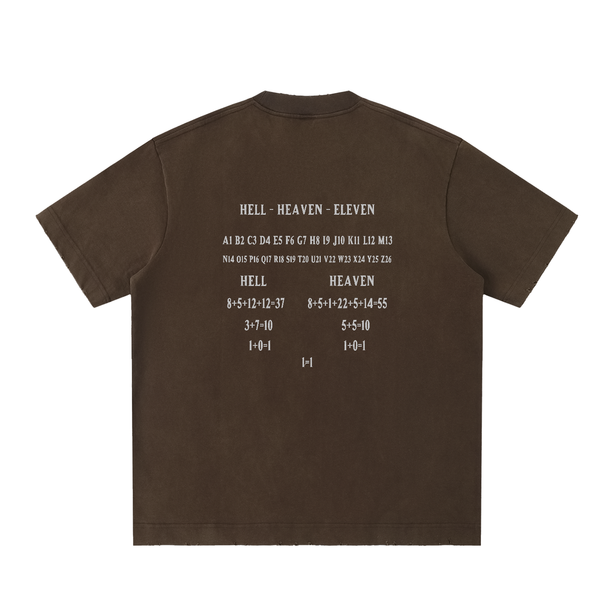 HE1=1EAVEN Alpha Numeric Reduction Embroidered Heavyweight Vintage Washed Frayed T-Shirt