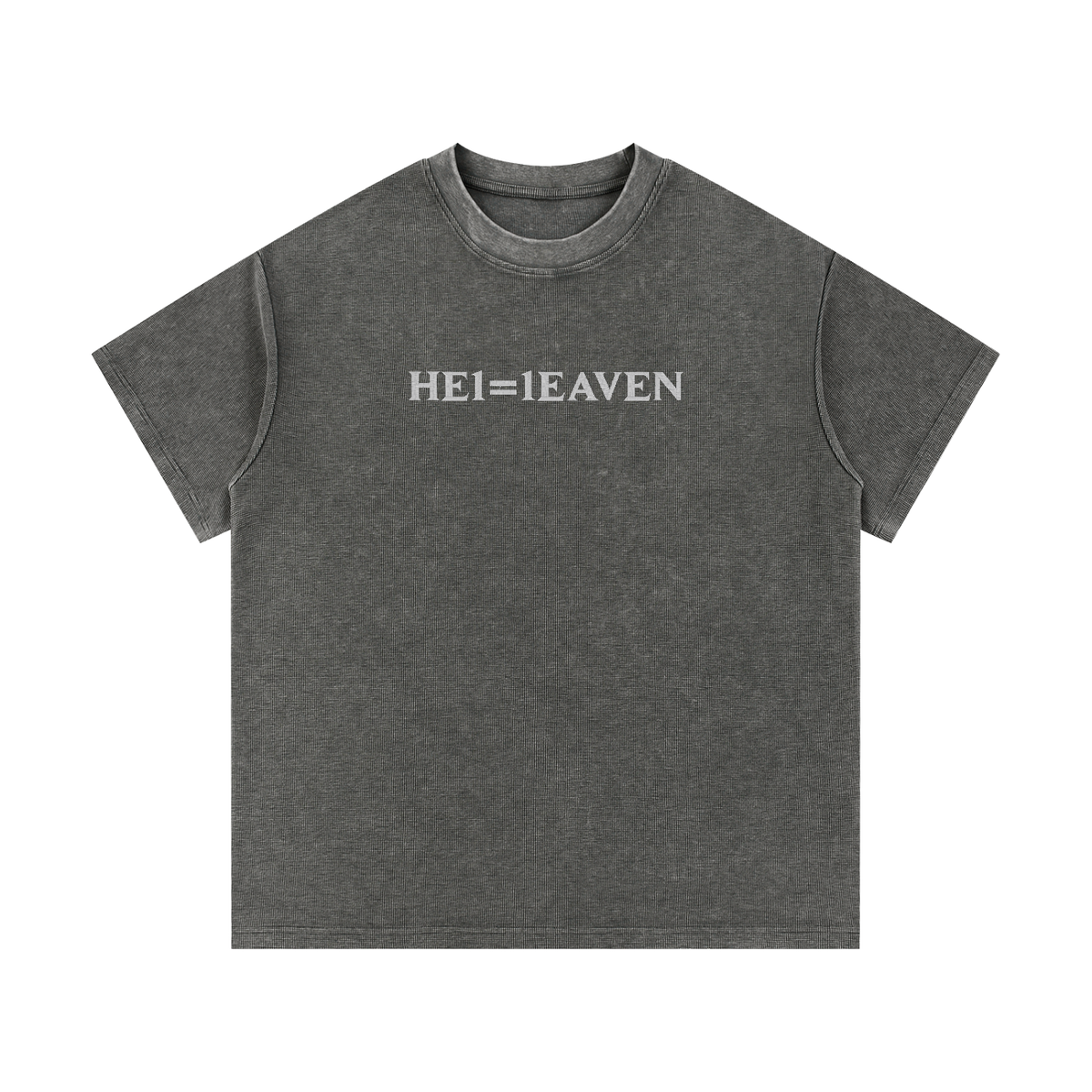 HE1=1EAVEN Alpha Numeric Reduction Embroidered Mineral Wash Waffle Knit T-Shirt