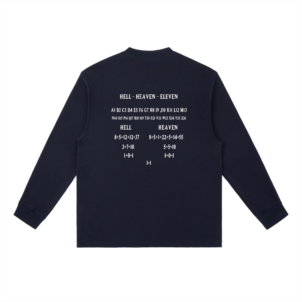 HE1=1EAVEN Alpha Numeric Reduction Embroidered Essential Crewneck Long-Sleeve T-Shirt