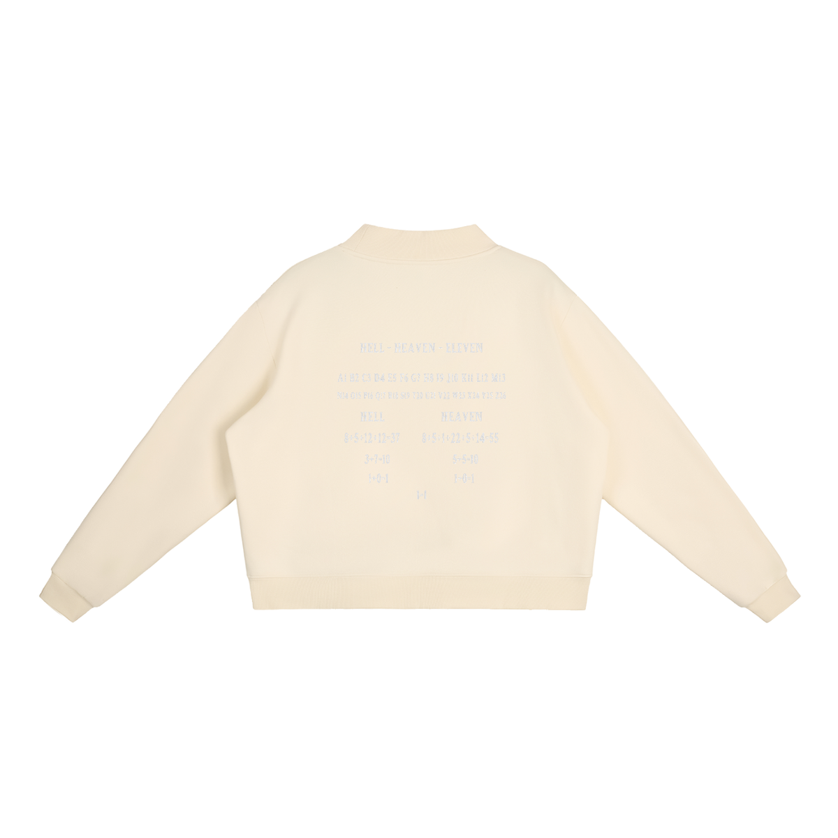 Women's HE1=1EAVEN Alpha Numeric Reduction Embroidered Essential Fleece Mock-Neck Crew Sweatshirt
