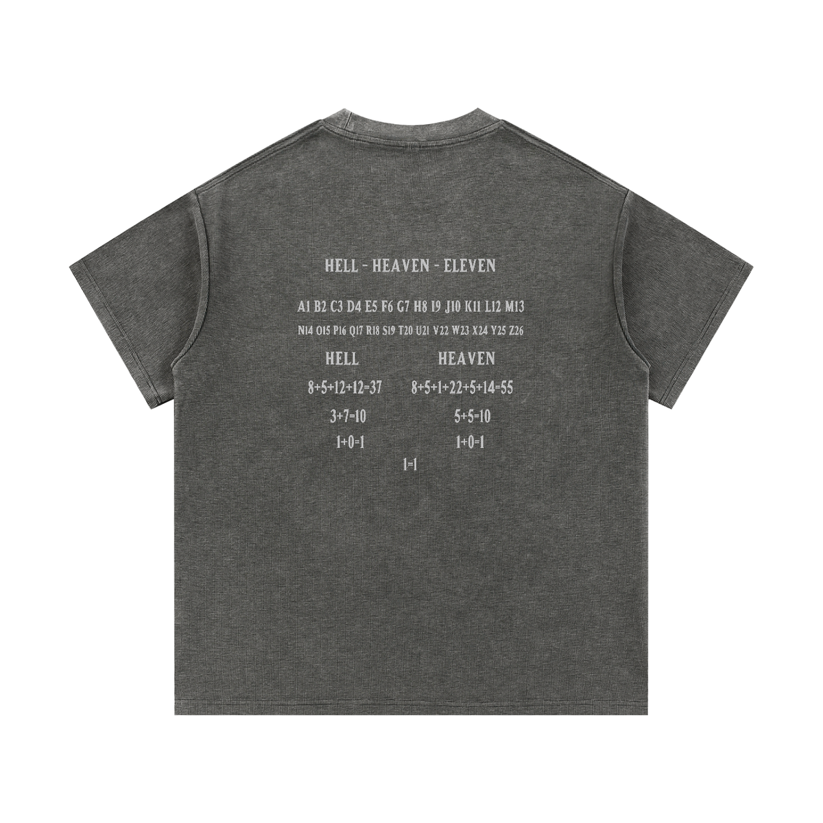 HE1=1EAVEN Alpha Numeric Reduction Embroidered Mineral Wash Waffle Knit T-Shirt
