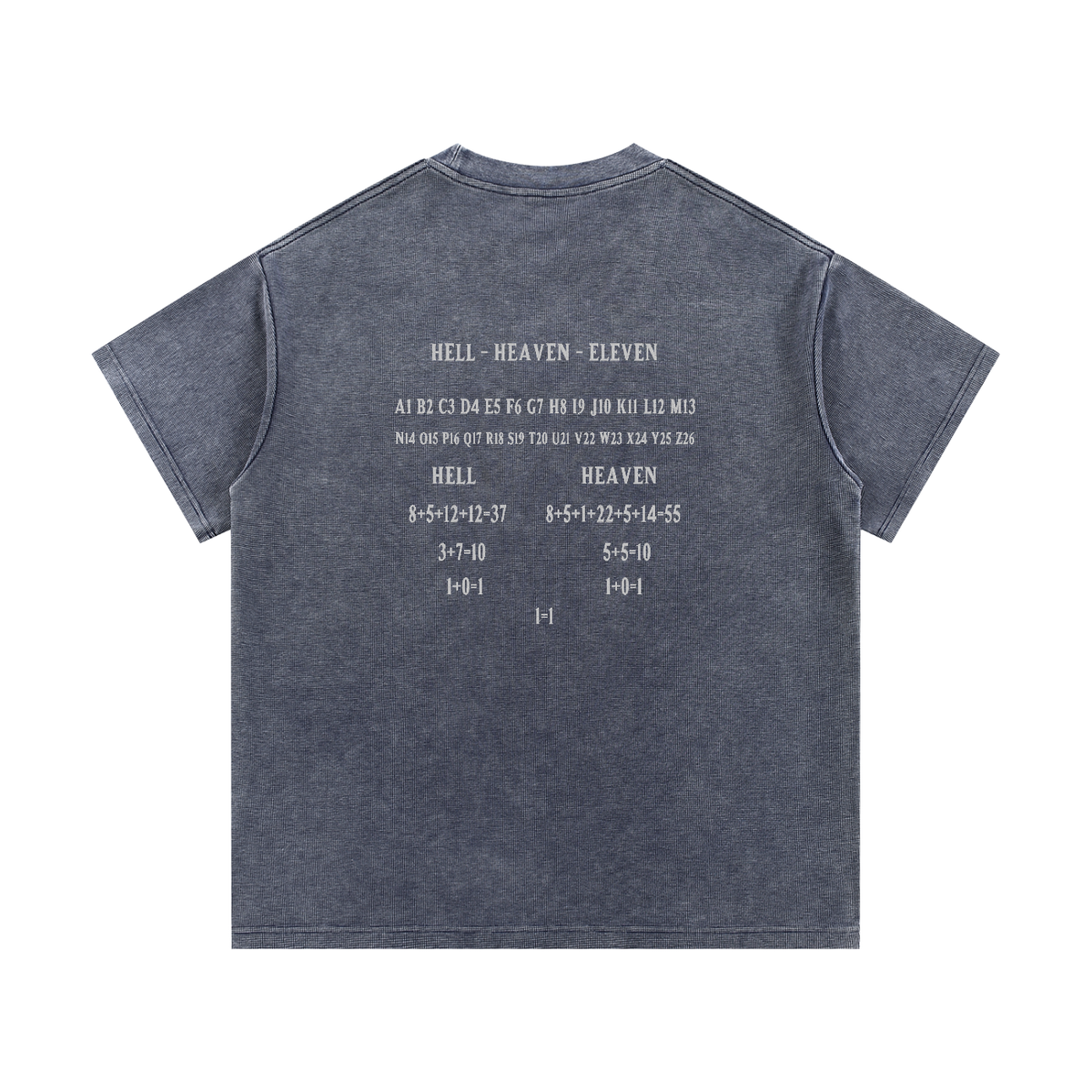 HE1=1EAVEN Alpha Numeric Reduction Embroidered Mineral Wash Waffle Knit T-Shirt