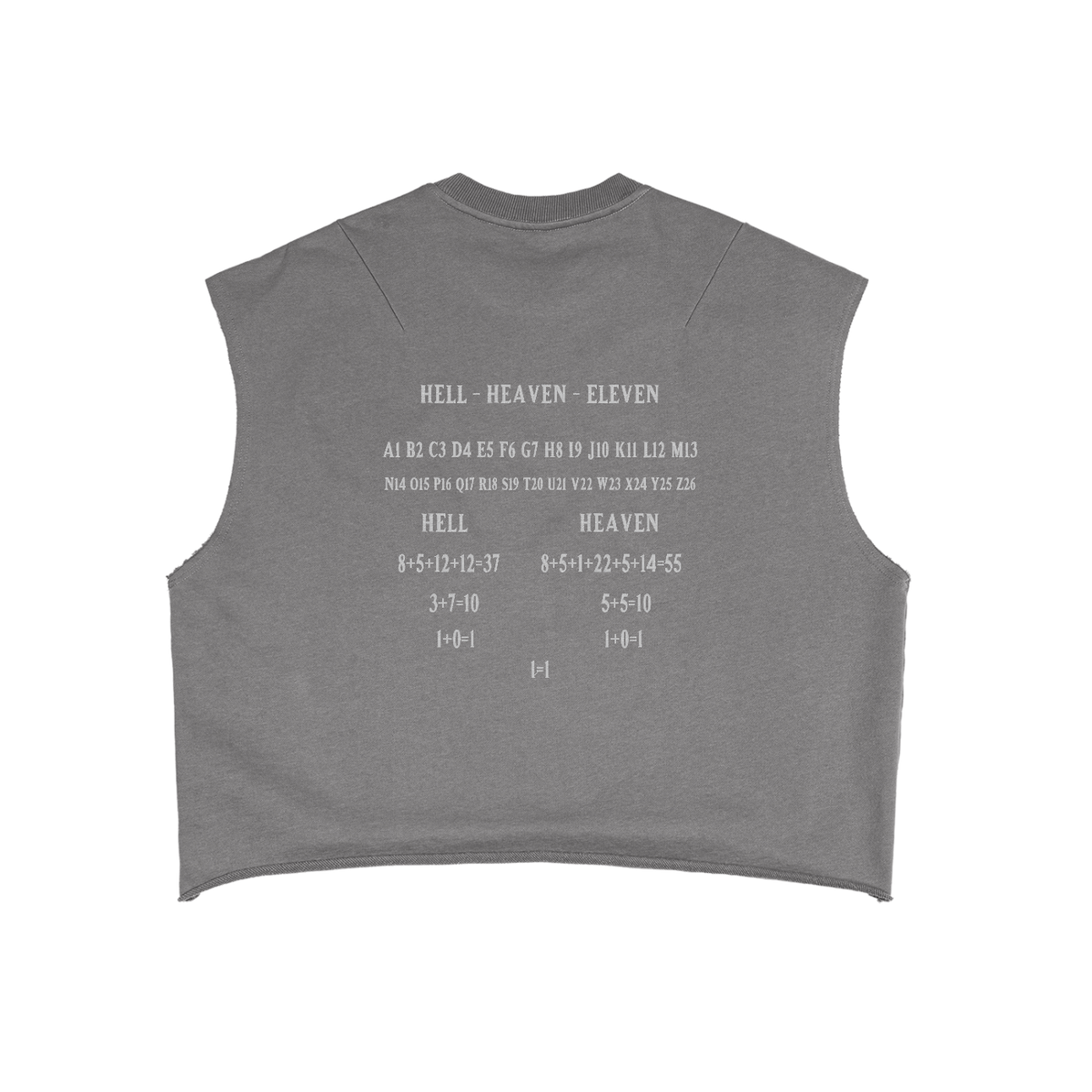 HE1=1EAVEN Alpha Numeric Reduction Embroidered French Terry Boxy Tank Top
