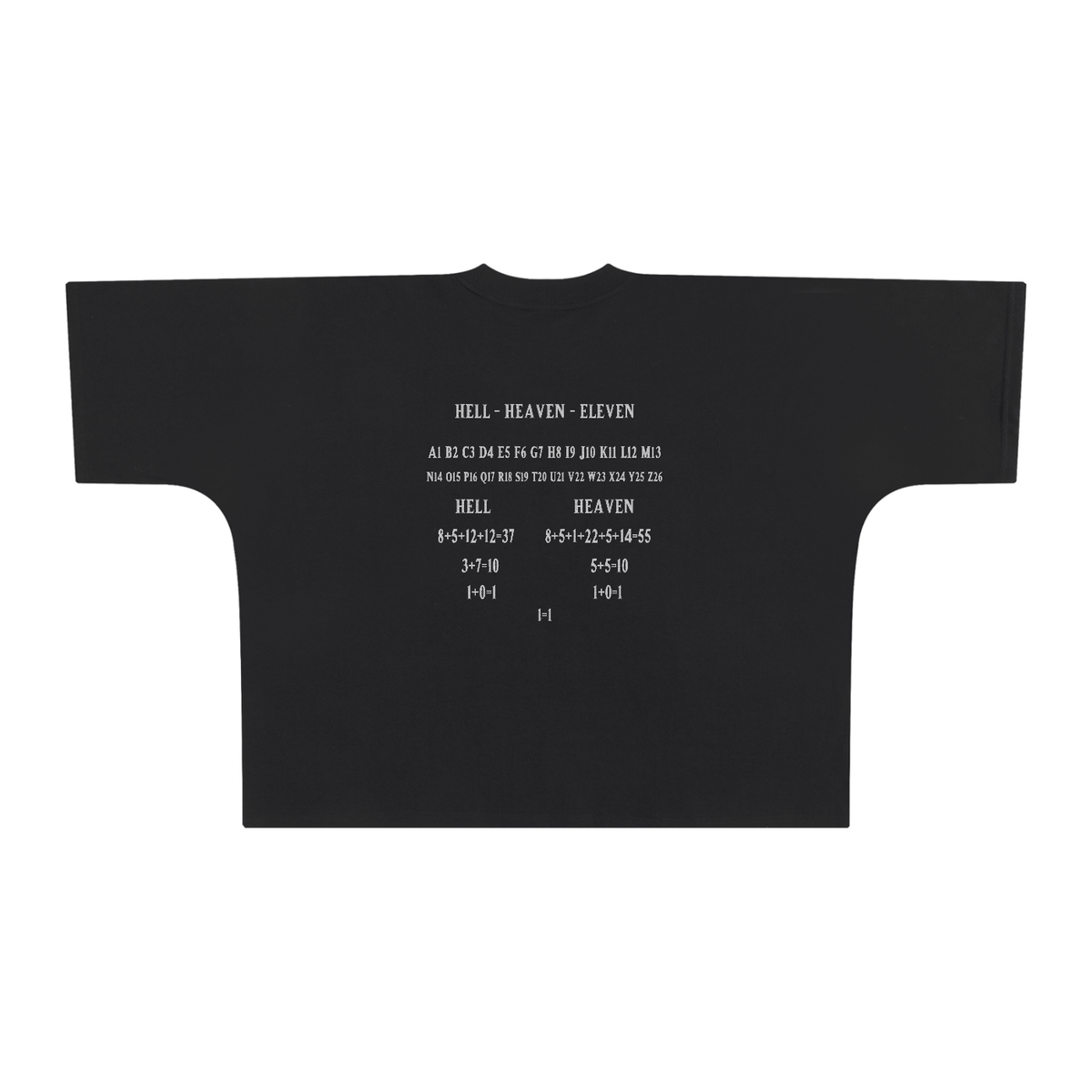 HE1=1EAVEN Alpha Numerics Reduction Embroidered Oversized One-Piece Boxy T-Shirt