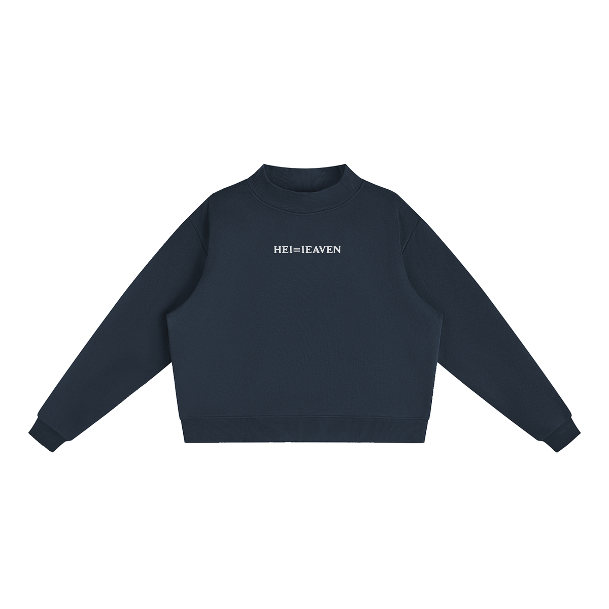 Women's HE1=1EAVEN Alpha Numeric Reduction Embroidered Essential Fleece Mock-Neck Crew Sweatshirt
