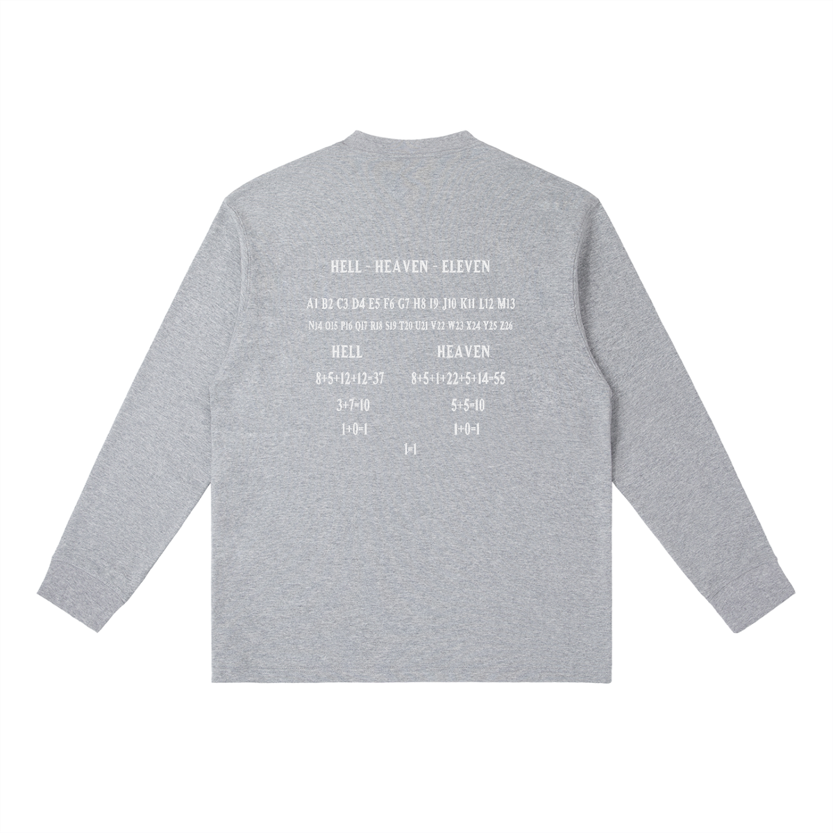 HE1=1EAVEN Alpha Numeric Reduction Embroidered Essential Crewneck Long-Sleeve T-Shirt