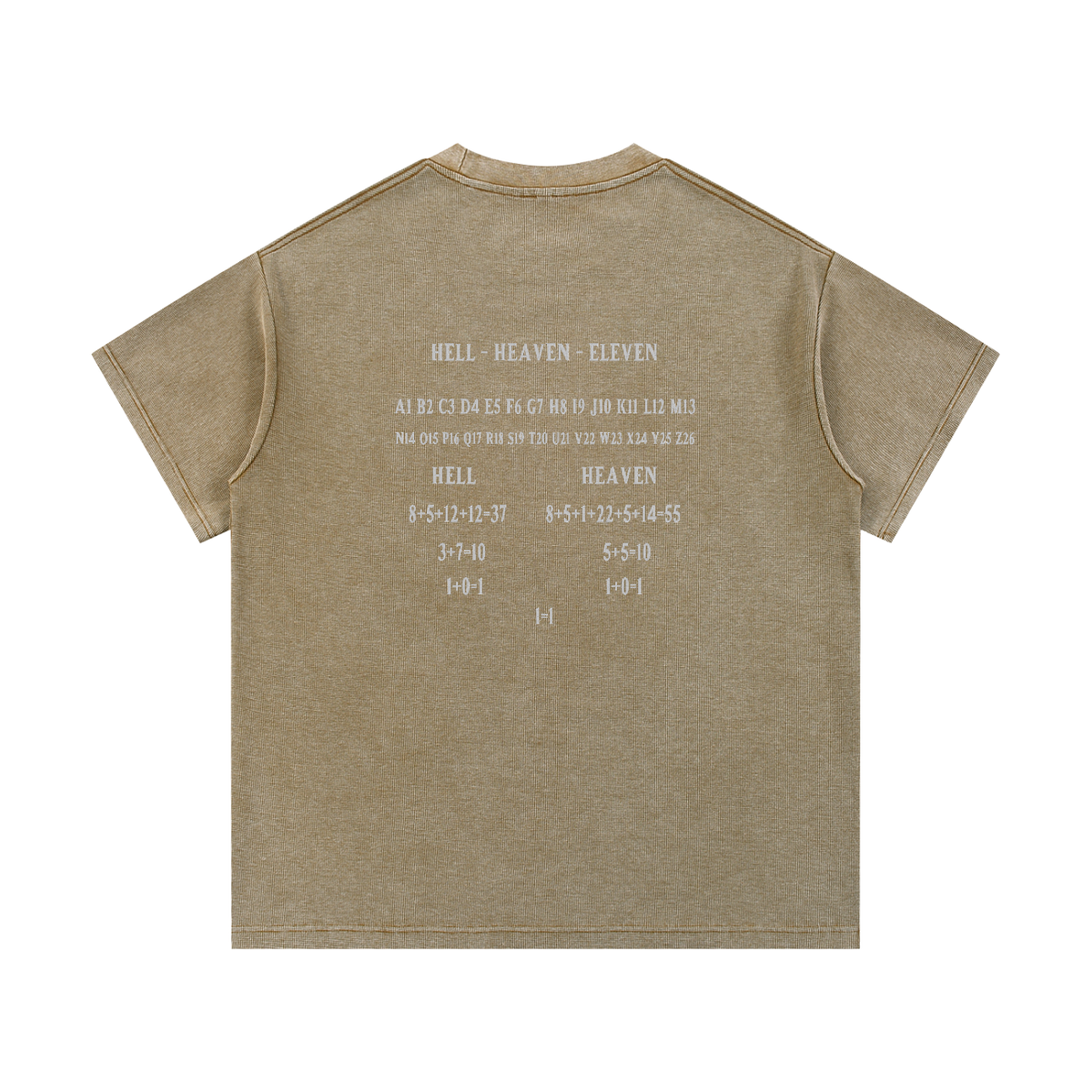 HE1=1EAVEN Alpha Numeric Reduction Embroidered Mineral Wash Waffle Knit T-Shirt