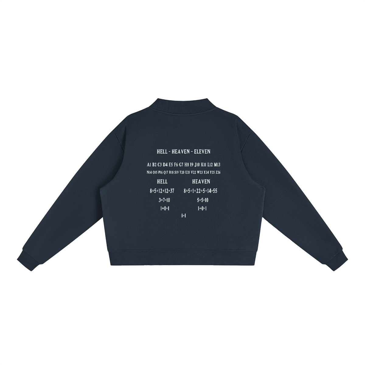 Women's HE1=1EAVEN Alpha Numeric Reduction Embroidered Essential Fleece Mock-Neck Crew Sweatshirt