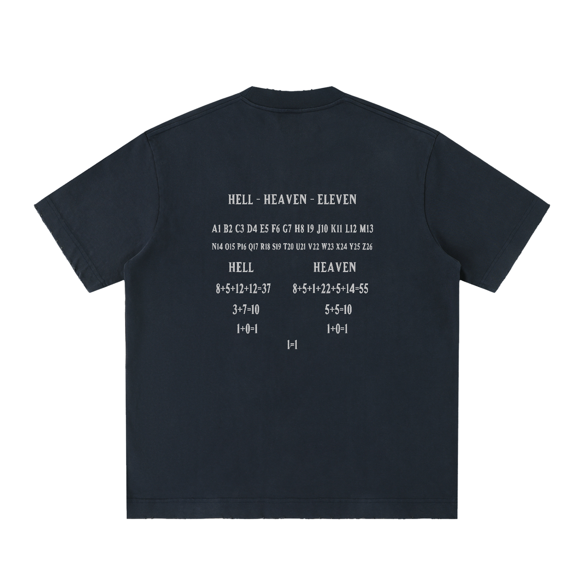HE1=1EAVEN Alpha Numeric Reduction Embroidered Heavyweight Vintage Washed Frayed T-Shirt