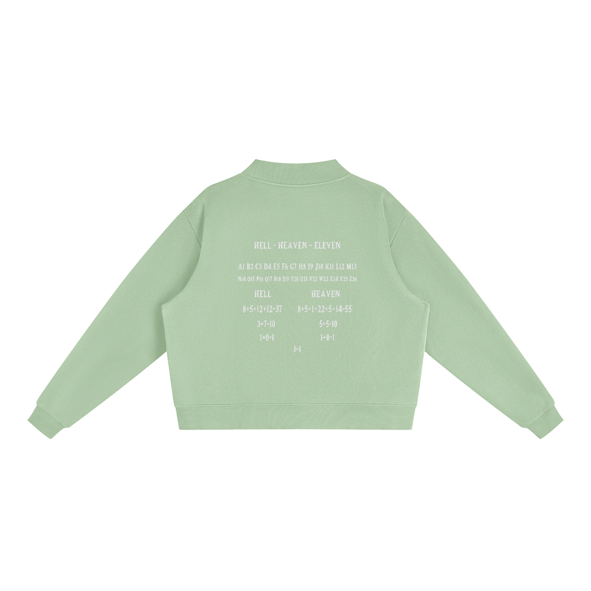 Women's HE1=1EAVEN Alpha Numeric Reduction Embroidered Essential Fleece Mock-Neck Crew Sweatshirt