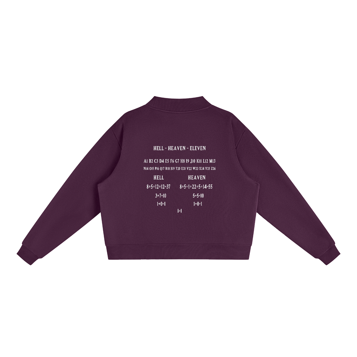 Women's HE1=1EAVEN Alpha Numeric Reduction Embroidered Essential Fleece Mock-Neck Crew Sweatshirt