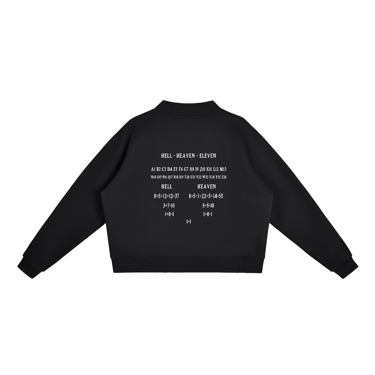Women's HE1=1EAVEN Alpha Numeric Reduction Embroidered Essential Fleece Mock-Neck Crew Sweatshirt