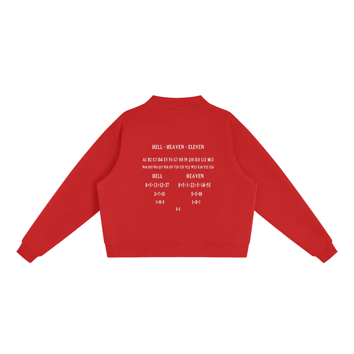 Women's HE1=1EAVEN Alpha Numeric Reduction Embroidered Essential Fleece Mock-Neck Crew Sweatshirt