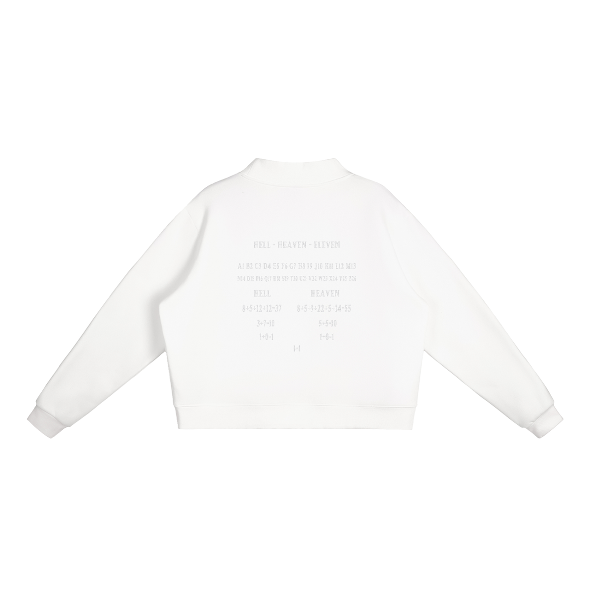 Women's HE1=1EAVEN Alpha Numeric Reduction Embroidered Essential Fleece Mock-Neck Crew Sweatshirt