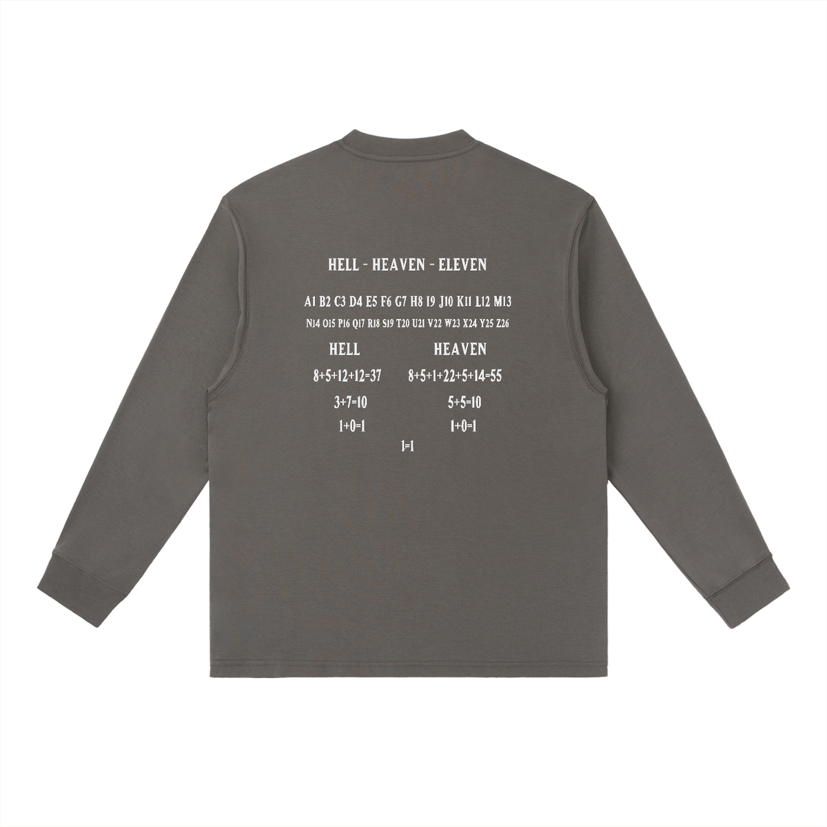 HE1=1EAVEN Alpha Numeric Reduction Embroidered Essential Crewneck Long-Sleeve T-Shirt