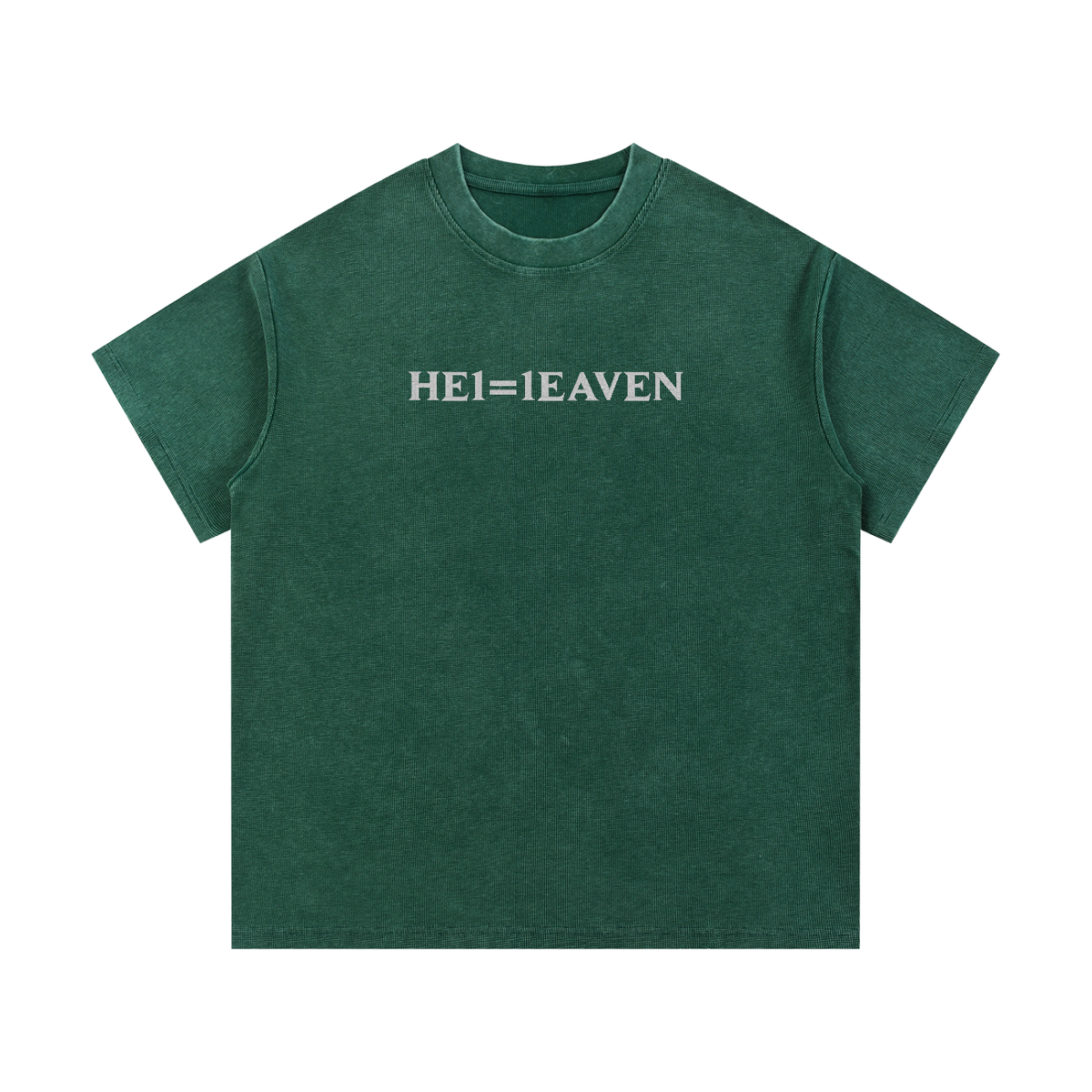 HE1=1EAVEN Alpha Numeric Reduction Embroidered Mineral Wash Waffle Knit T-Shirt