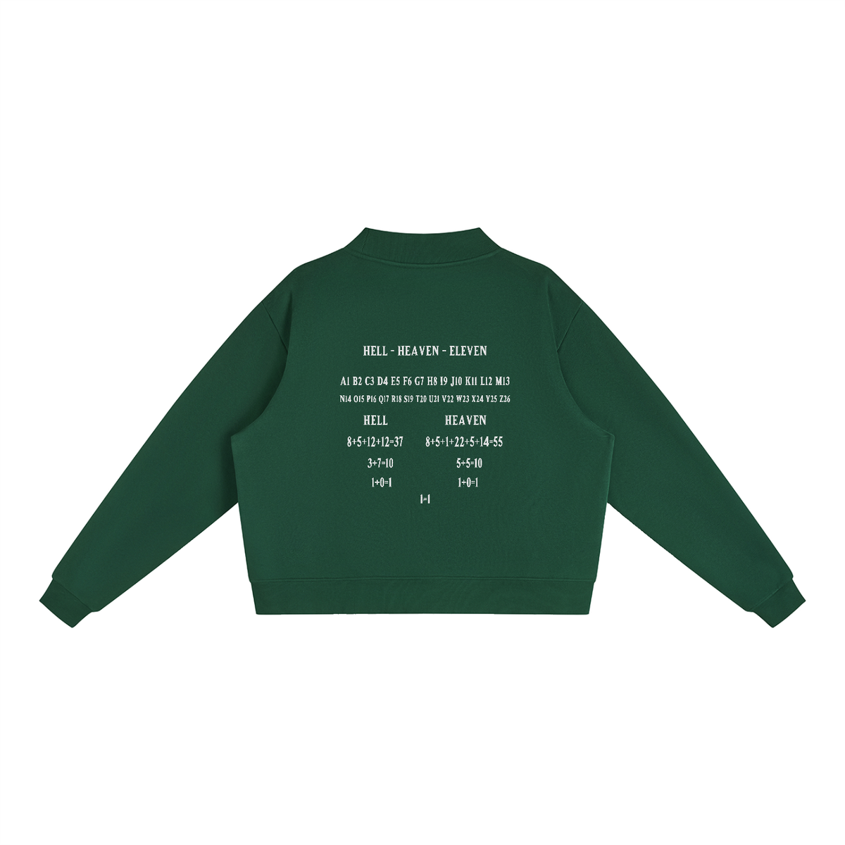 Women's HE1=1EAVEN Alpha Numeric Reduction Embroidered Essential Fleece Mock-Neck Crew Sweatshirt
