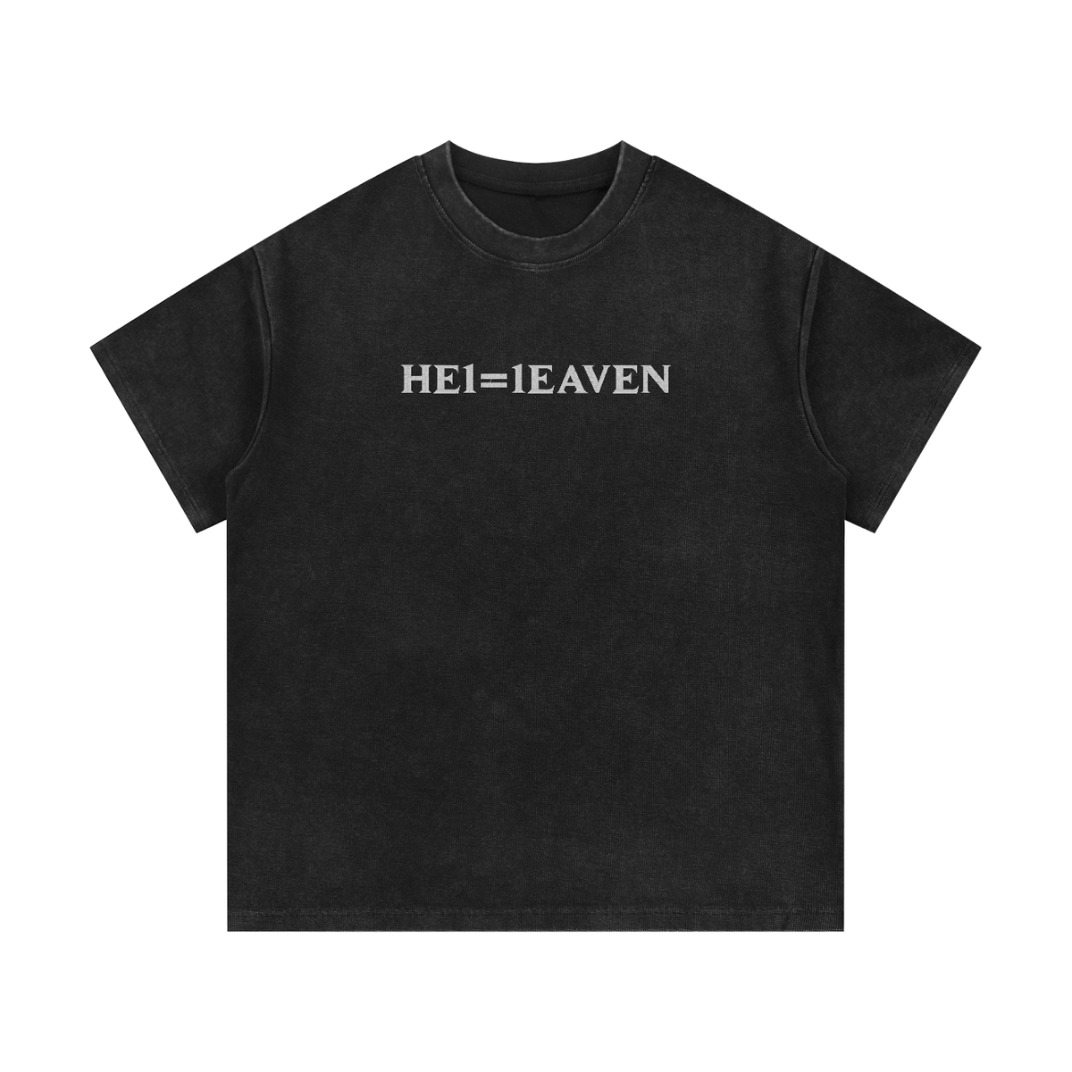 HE1=1EAVEN Alpha Numeric Reduction Embroidered Mineral Wash Waffle Knit T-Shirt