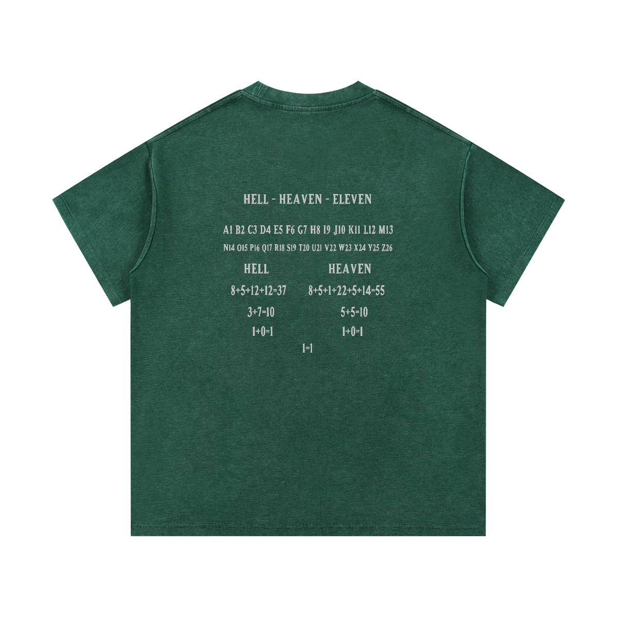 HE1=1EAVEN Alpha Numeric Reduction Embroidered Mineral Wash Waffle Knit T-Shirt