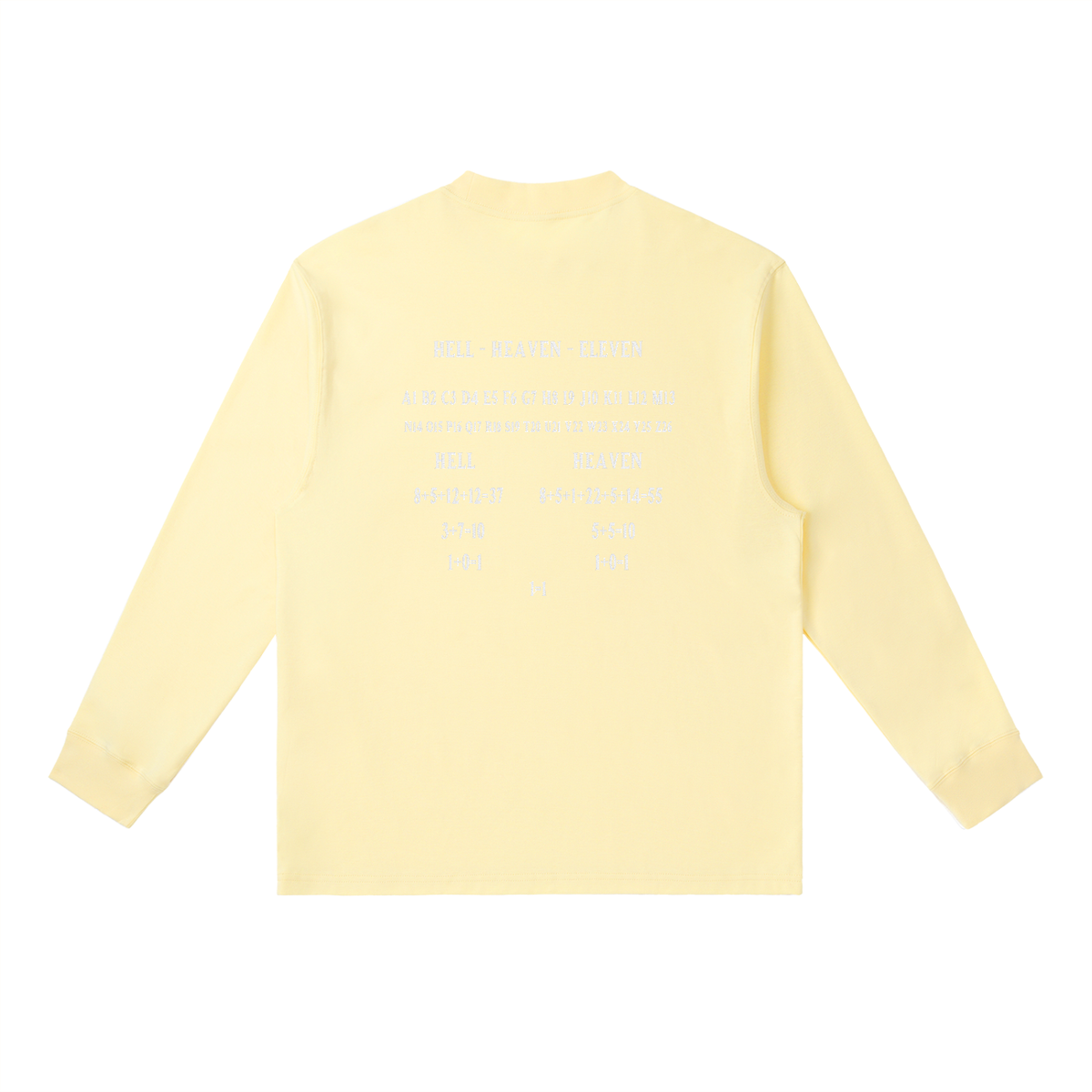 HE1=1EAVEN Alpha Numeric Reduction Embroidered Essential Crewneck Long-Sleeve T-Shirt