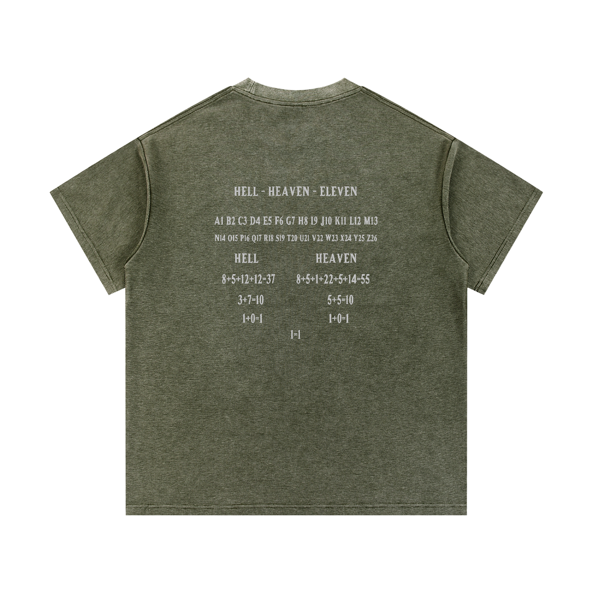 HE1=1EAVEN Alpha Numeric Reduction Embroidered Mineral Wash Waffle Knit T-Shirt