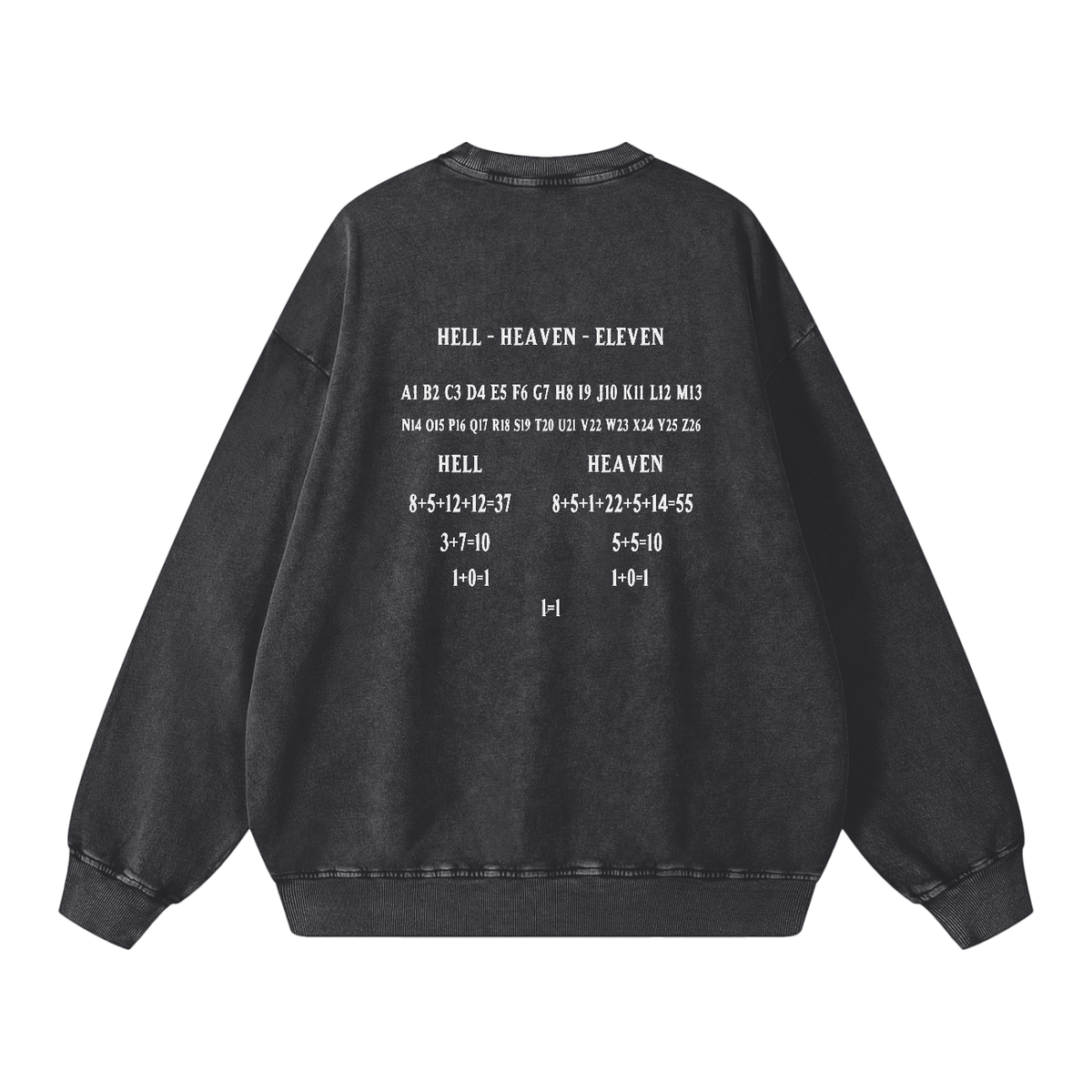 HE1=1EAVEN Alpha Numeric Reduction Embroidered Snow Washed Oversized Sweatshirt