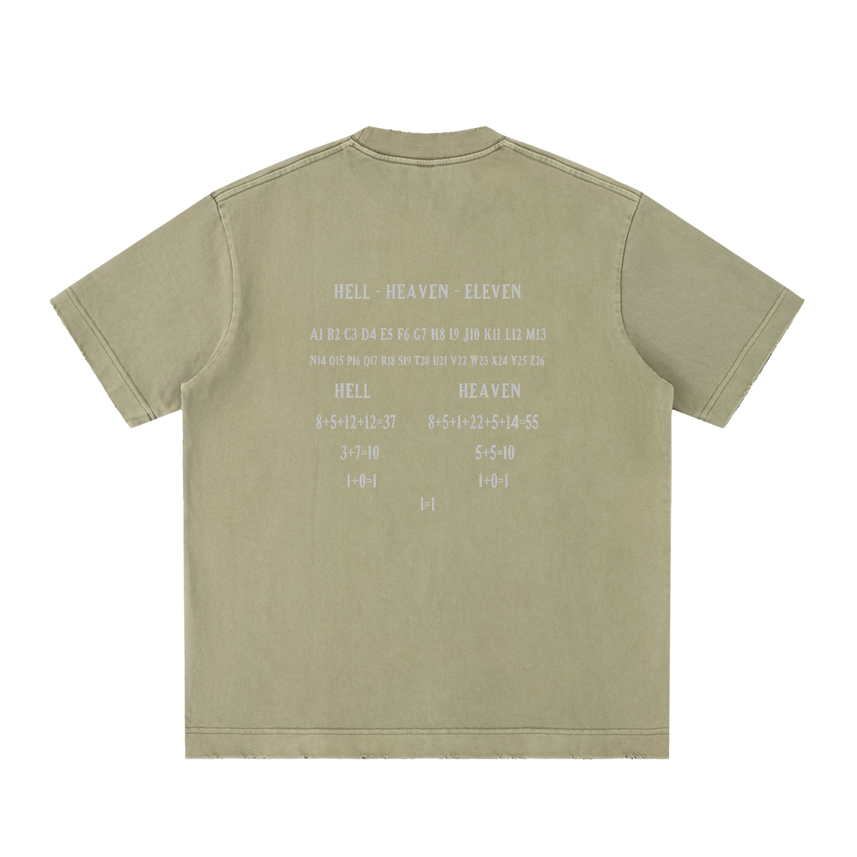 HE1=1EAVEN Alpha Numeric Reduction Embroidered Heavyweight Vintage Washed Frayed T-Shirt